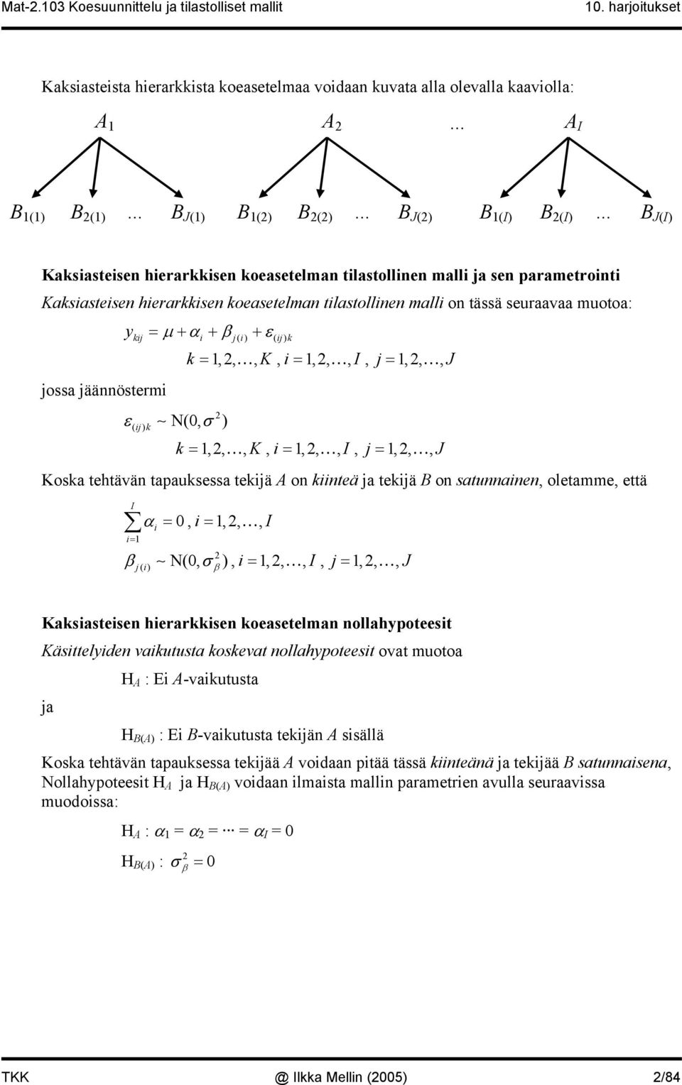 ij) k N(0, σ ) k =,,, K, i =,,, I, j =,,, J Koska tehtävän tapauksessa tekijä A on kiinteä ja tekijä B on satunnainen, oletamme, että I i= β α = 0, i =,,, I ji () i N(0, σ ), i =,,, I, j =,,, J β