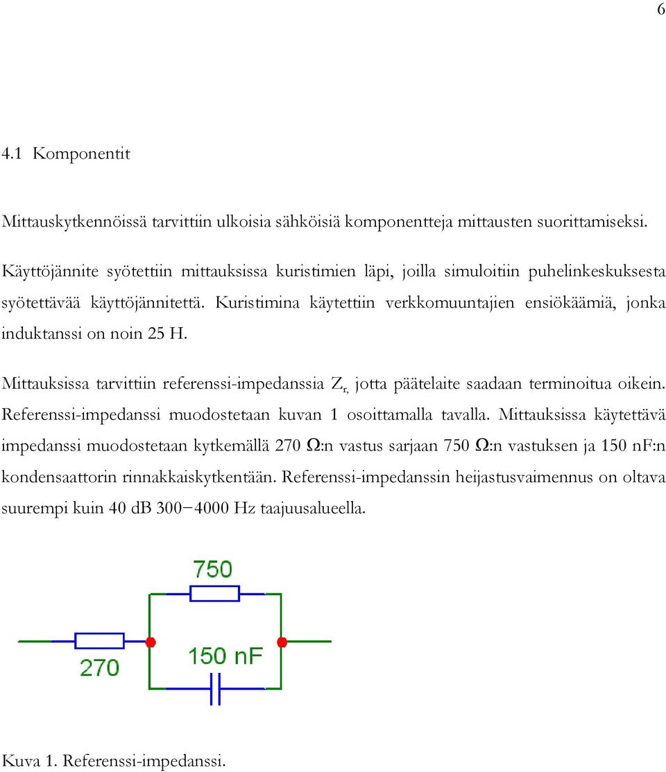 Kuristimina käytettiin verkkomuuntajien ensiökäämiä, jonka induktanssi on noin 25 H. Mittauksissa tarvittiin referenssi-impedanssia Z r, jotta päätelaite saadaan terminoitua oikein.