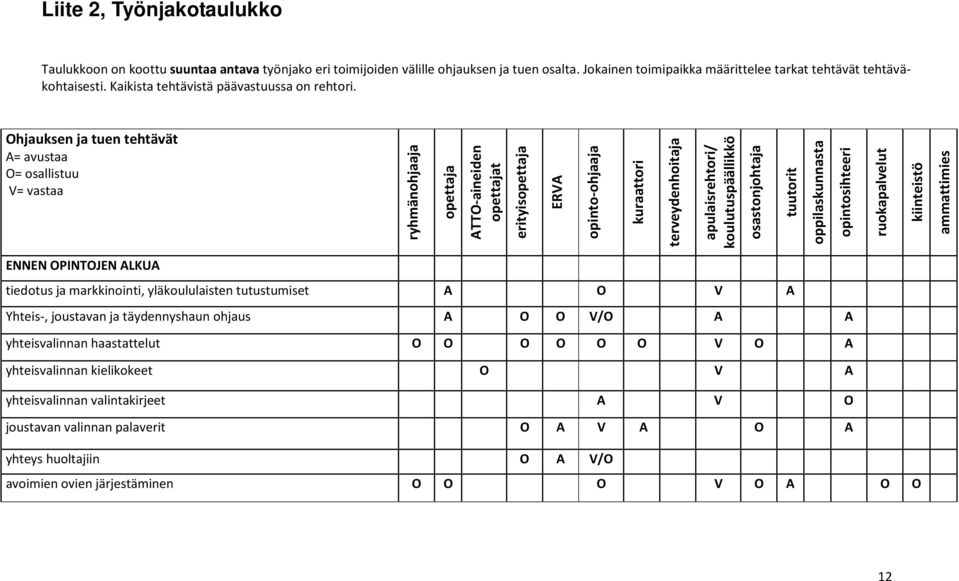 Ohjauksen ja tuen tehtävät A= avustaa O= osallistuu V= vastaa ryhmänohjaaja opettaja ATTO-aineiden opettajat erityisopettaja ERVA opinto-ohjaaja kuraattori terveydenhoitaja apulaisrehtori/