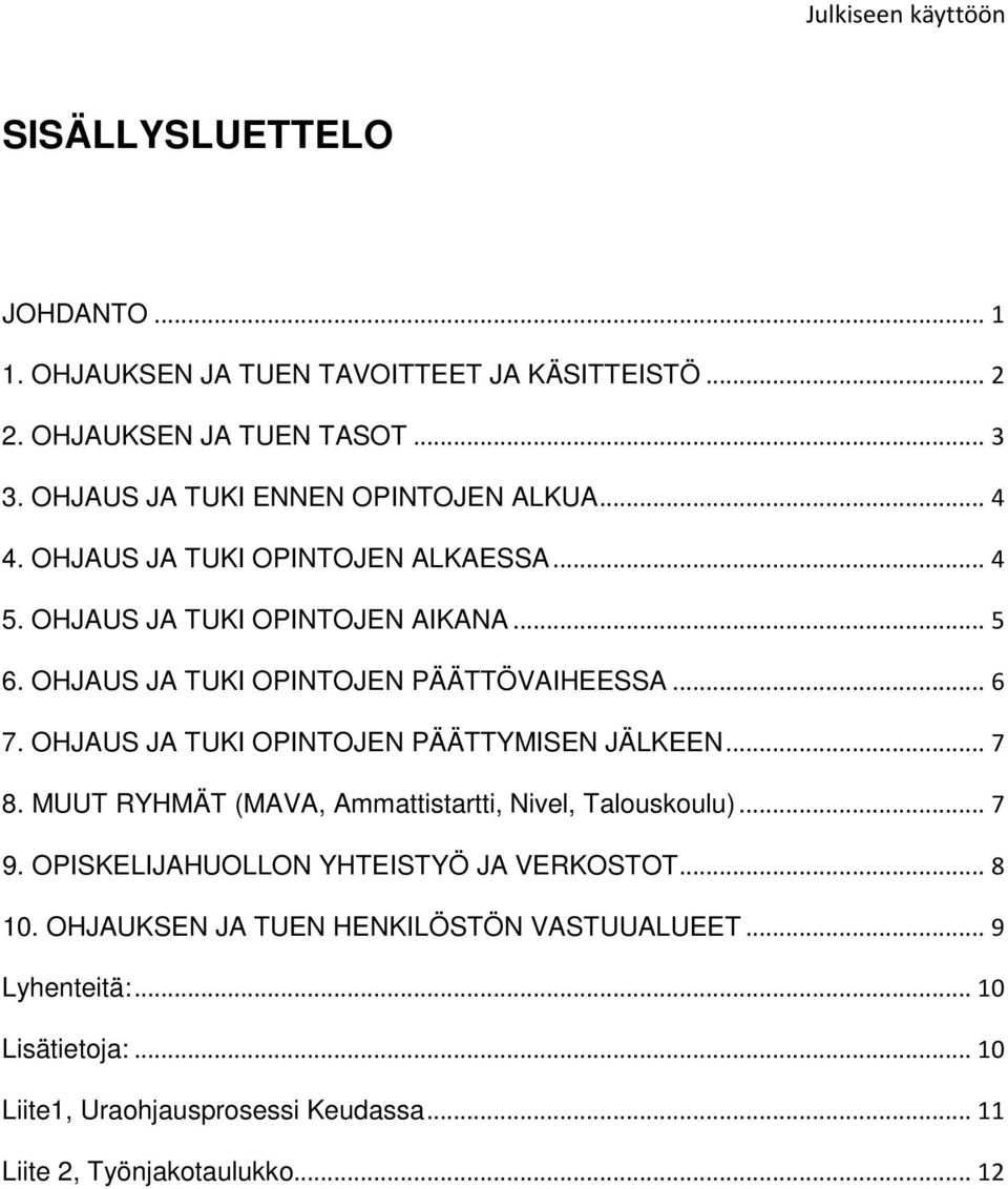 OHJAUS JA TUKI OPINTOJEN PÄÄTTÖVAIHEESSA... 6 7. OHJAUS JA TUKI OPINTOJEN PÄÄTTYMISEN JÄLKEEN... 7 8. MUUT RYHMÄT (MAVA, Ammattistartti, Nivel, Talouskoulu).