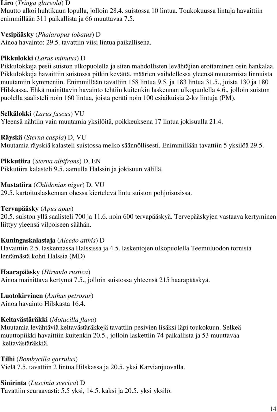 Pikkulokki (Larus minutus) D Pikkulokkeja pesii suiston ulkopuolella ja siten mahdollisten levähtäjien erottaminen osin hankalaa.