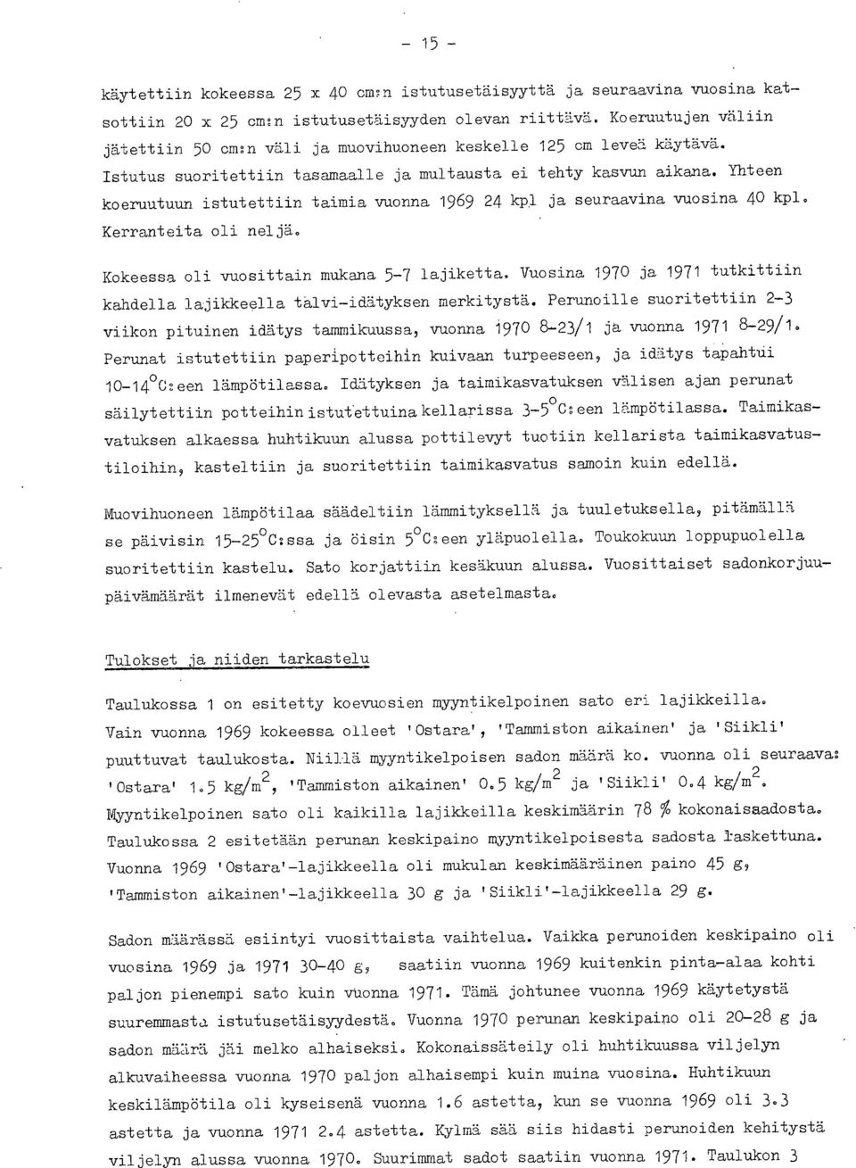 Yhteen koeruutuun istutettiin taimia vuonna 1969 24 kpl ja seuraavina vuosina 40 kpl. Kerranteita oli neljä.