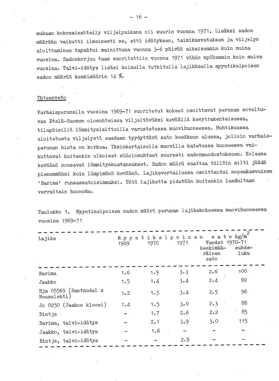 Sadonkorjuu taas suoritettiin vuonna 1971 vähän myöhemmin kuin muina vuosina. Talvi-idätys lisäsi kolmella tutkitulla lajikkeella myyntikelpoisen sadon määrää keskimäärin 14 %.