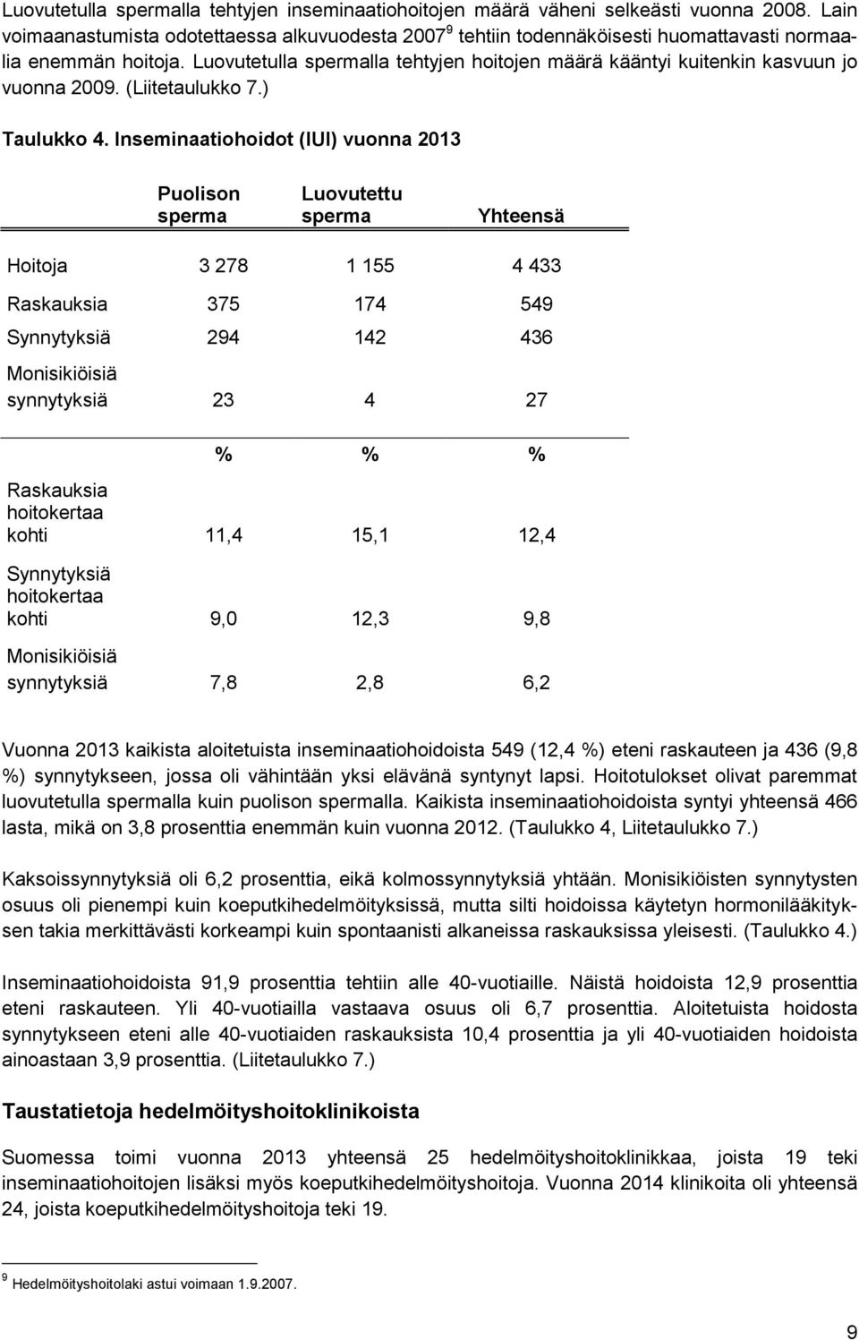 Luovutetulla spermalla tehtyjen hoitojen määrä kääntyi kuitenkin kasvuun jo vuonna 9. (Liitetaulukko 7.) Taulukko.