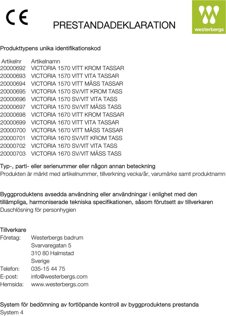 TASSAR 20000700 VICTORIA 1670 VITT MÄSS TASSAR 20000701 VICTORIA 1670 SV/VIT KROM TASS 20000702 VICTORIA 1670 SV/VIT VITA TASS 20000703 VICTORIA 1670 SV/VIT MÄSS TASS Typ-, parti- eller serienummer
