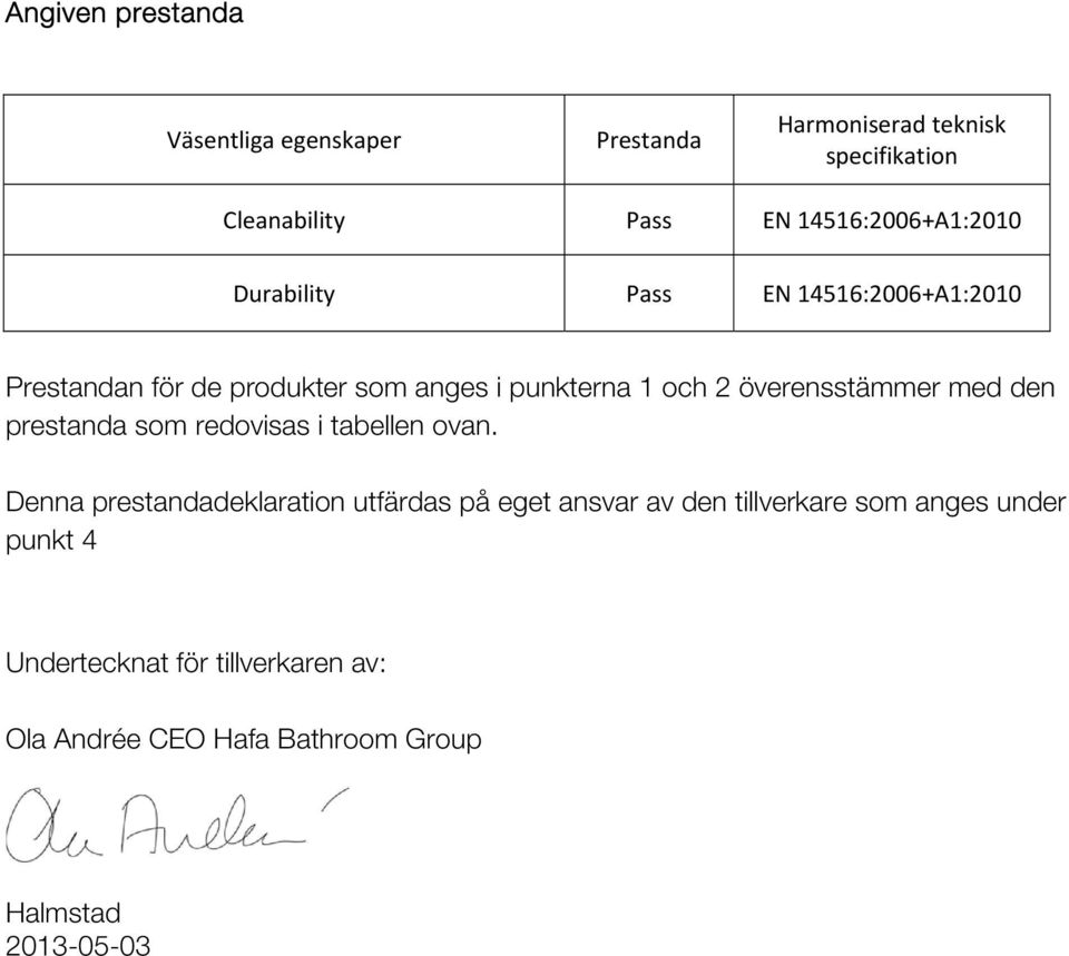 överensstämmer med den prestanda som redovisas i tabellen ovan.