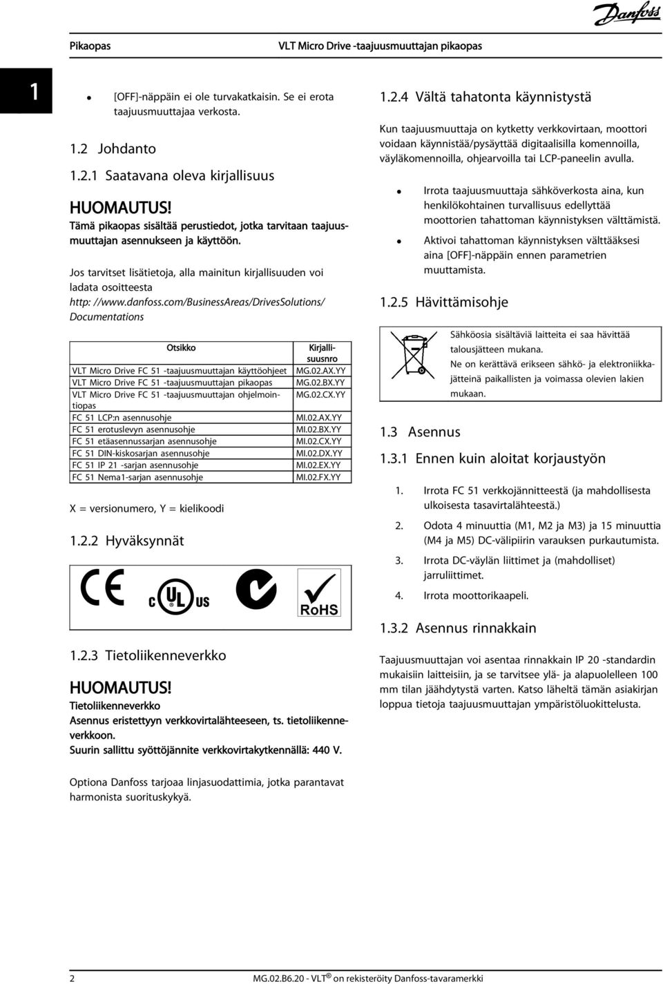 com/businessareas/drivessolutions/ Documentations Otsikko VLT Micro Drive FC 51 -taajuusmuuttajan käyttöohjeet VLT Micro Drive FC 51 -taajuusmuuttajan pikaopas VLT Micro Drive FC 51 -taajuusmuuttajan