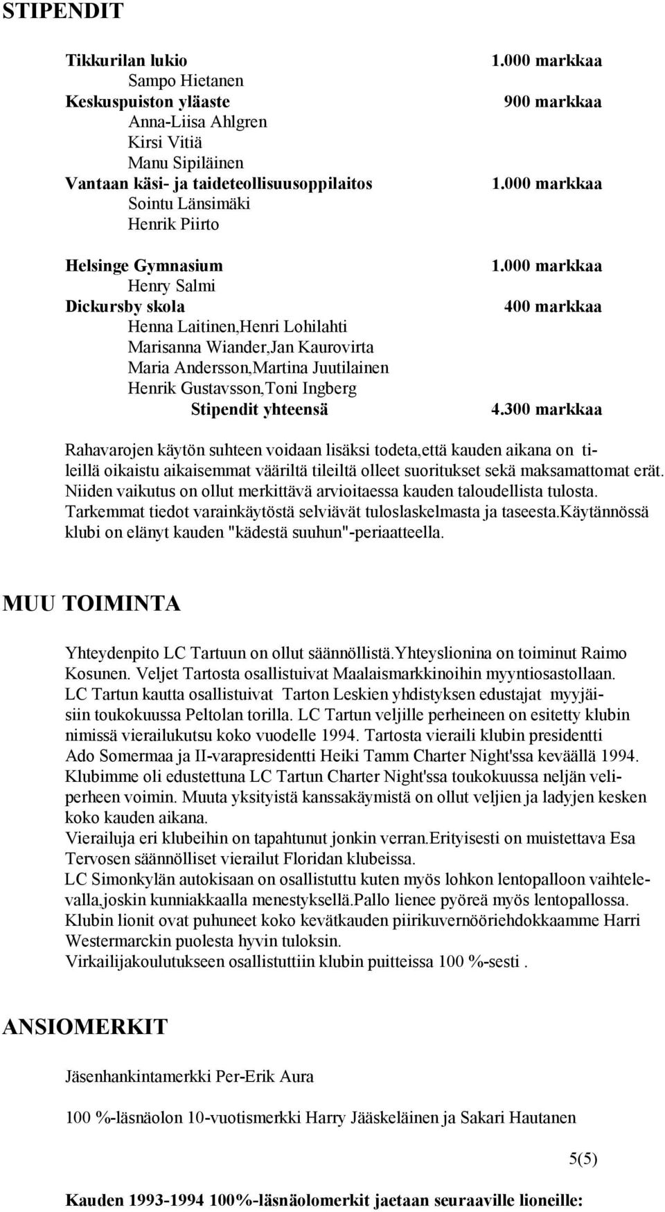 400 markkaa 4.300 markkaa Rahavarojen käytön suhteen voidaan lisäksi todeta,että kauden aikana on tileillä oikaistu aikaisemmat vääriltä tileiltä olleet suoritukset sekä maksamattomat erät.