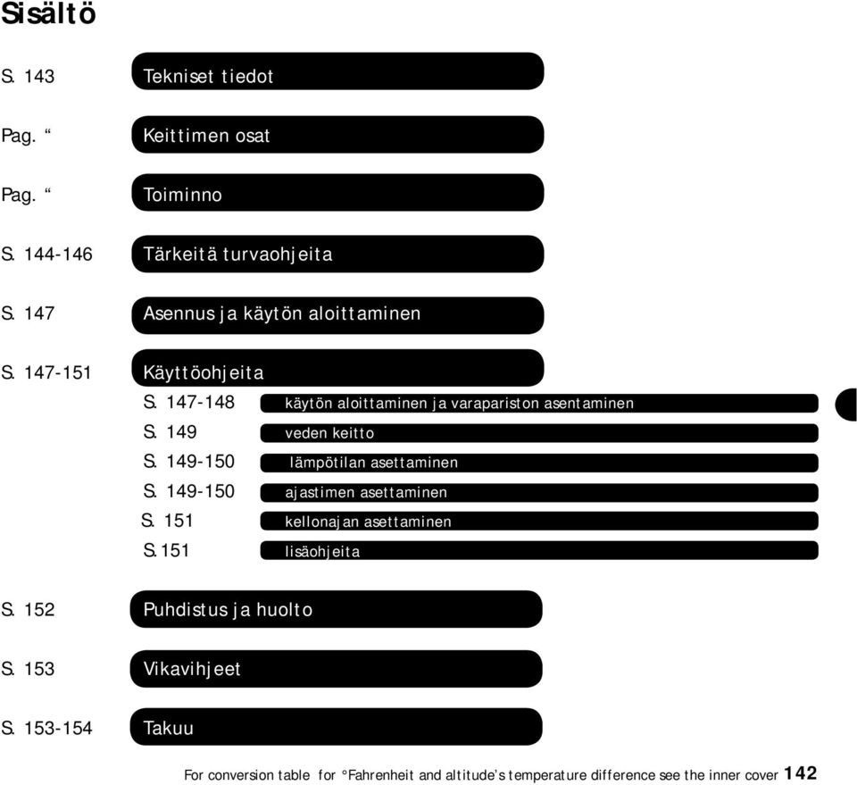 149 În veden keitto S. 149-150 lämpötilan asettaminen S. 149-150 ajastimen asettaminen S. 151 kellonajan asettaminen S.