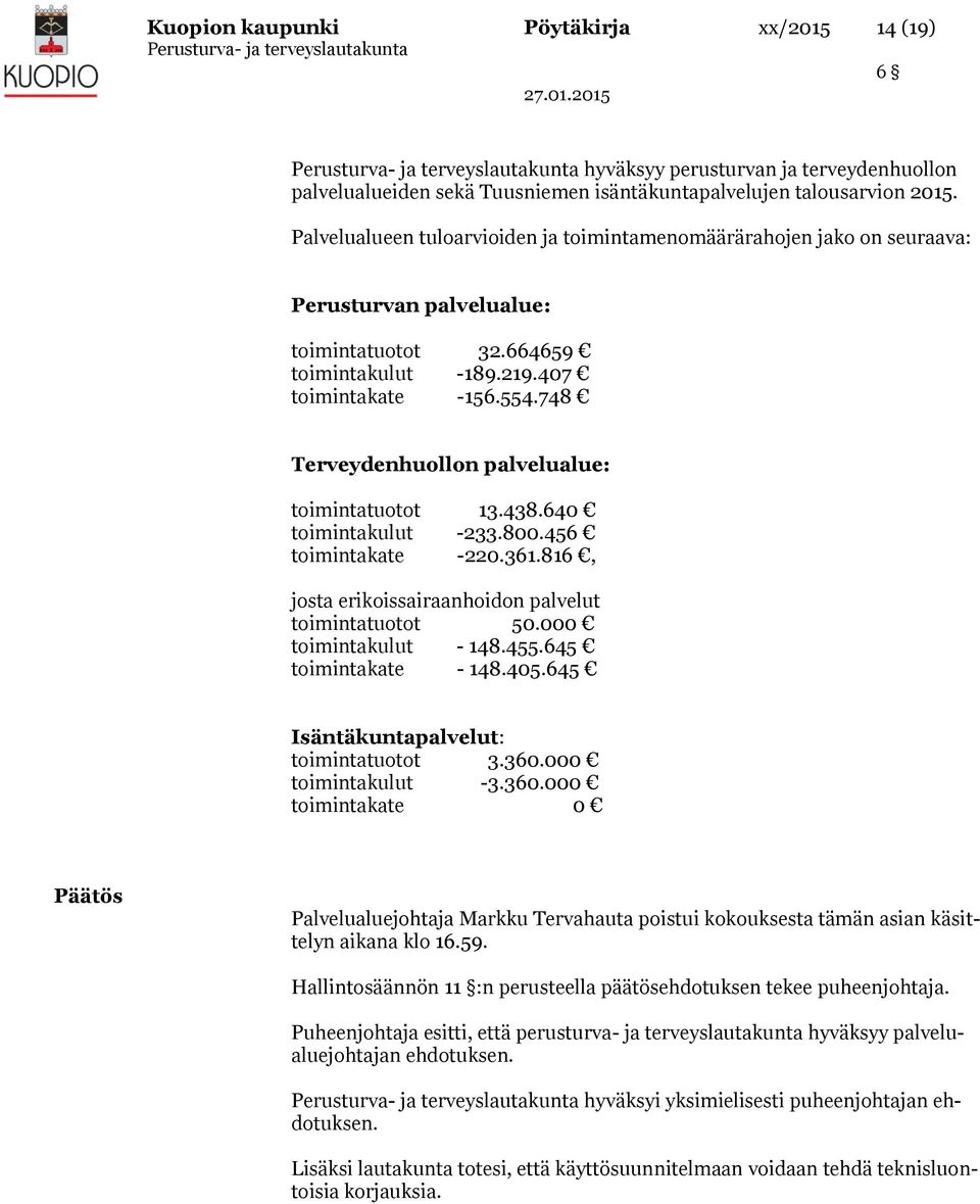 748 Terveydenhuollon palvelualue: toimintatuotot 13.438.640 toimintakulut -233.800.456 toimintakate -220.361.816, josta erikoissairaanhoidon palvelut toimintatuotot 50.000 toimintakulut - 148.455.