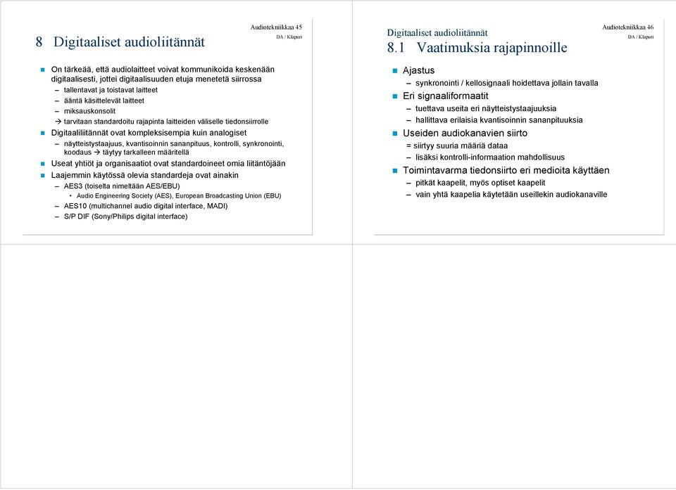 laitteet ääntä käsittelevät laitteet miksauskonsolit tarvitaan standardoitu rajapinta laitteiden väliselle tiedonsiirrolle Digitaaliliitännät ovat kompleksisempia kuin analogiset näytteistystaajuus,