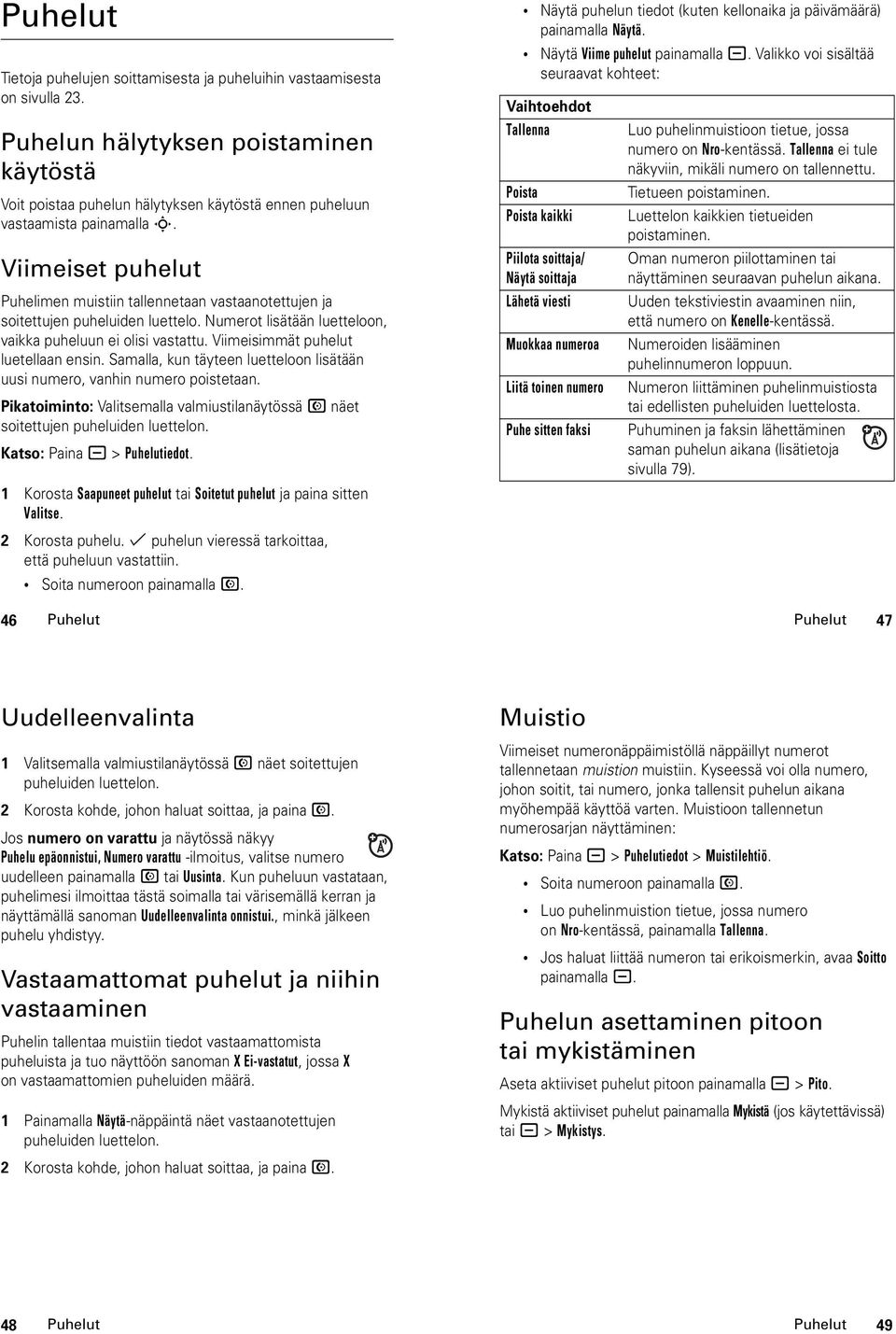 Viimeiset puhelut Puhelimen muistiin tallennetaan vastaanotettujen ja soitettujen puheluiden luettelo. Numerot lisätään luetteloon, vaikka puheluun ei olisi vastattu.