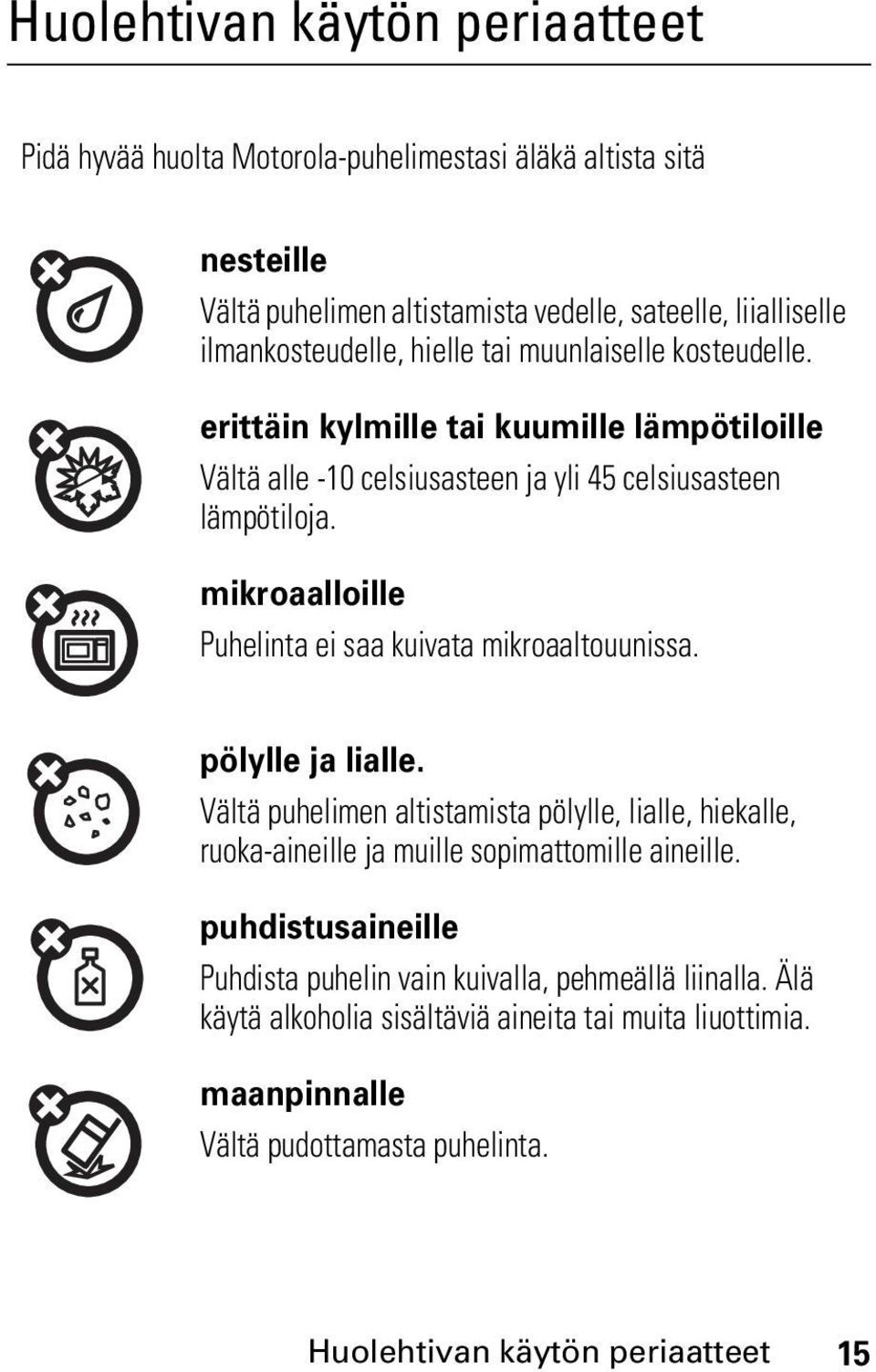 mikroaalloille Puhelinta ei saa kuivata mikroaaltouunissa. pölylle ja lialle. Vältä puhelimen altistamista pölylle, lialle, hiekalle, ruoka-aineille ja muille sopimattomille aineille.