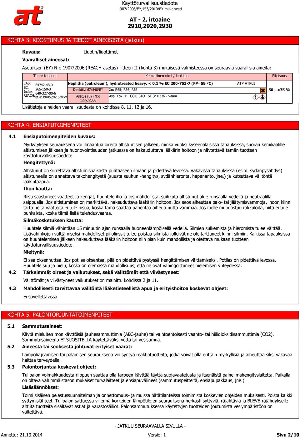 hydrotreated heavy, < 0.1 % EC 200-75-7 (FP=59 ºC) Direktiivi 67/548/EY Asetus (EY) N:o 1272/2008 Xn: R65; R66; R67 Asp. Tox.