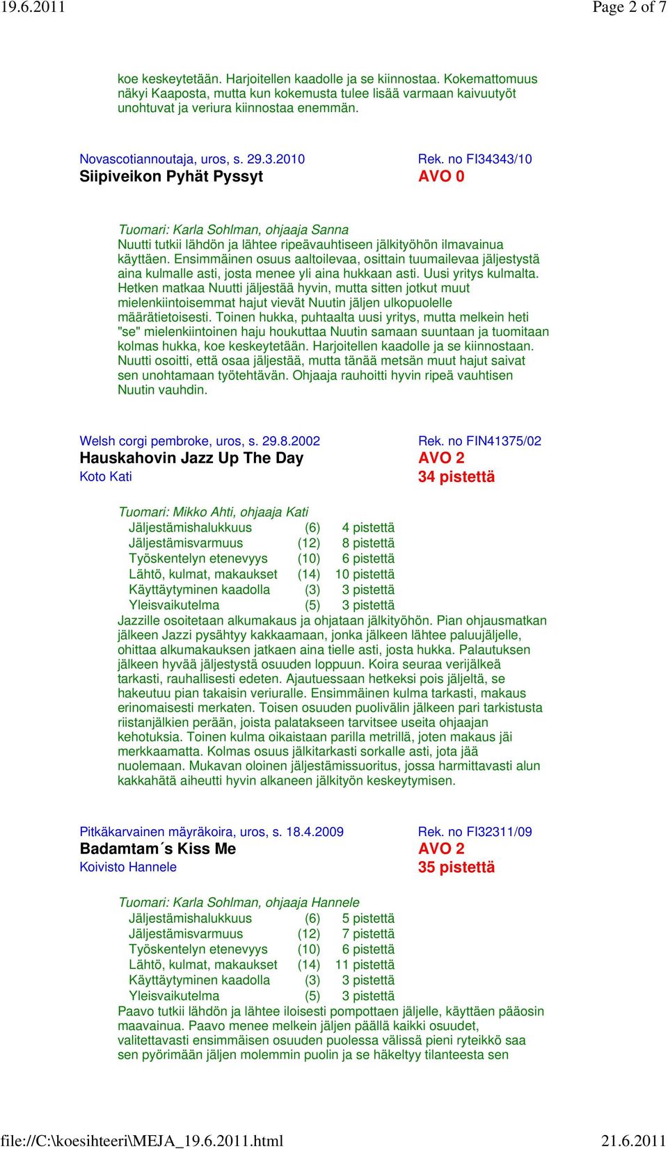 no FI34343/10 Siipiveikon Pyhät Pyssyt AVO 0 Tuomari: Karla Sohlman, ohjaaja Sanna Nuutti tutkii lähdön ja lähtee ripeävauhtiseen jälkityöhön ilmavainua käyttäen.