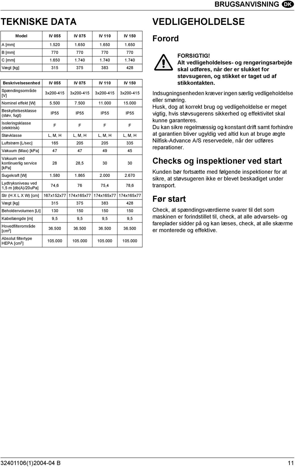 000 Beskyttelsesklasse (støv, fugt) IP55 IP55 IP55 IP55 Isoleringsklasse (elektrisk) F F F F Støvklasse L, M, H L, M, H L, M, H L, M, H Luftstrøm [L/sec] 165 205 205 335 Vakuum (Max) [kpa] 47 47 49