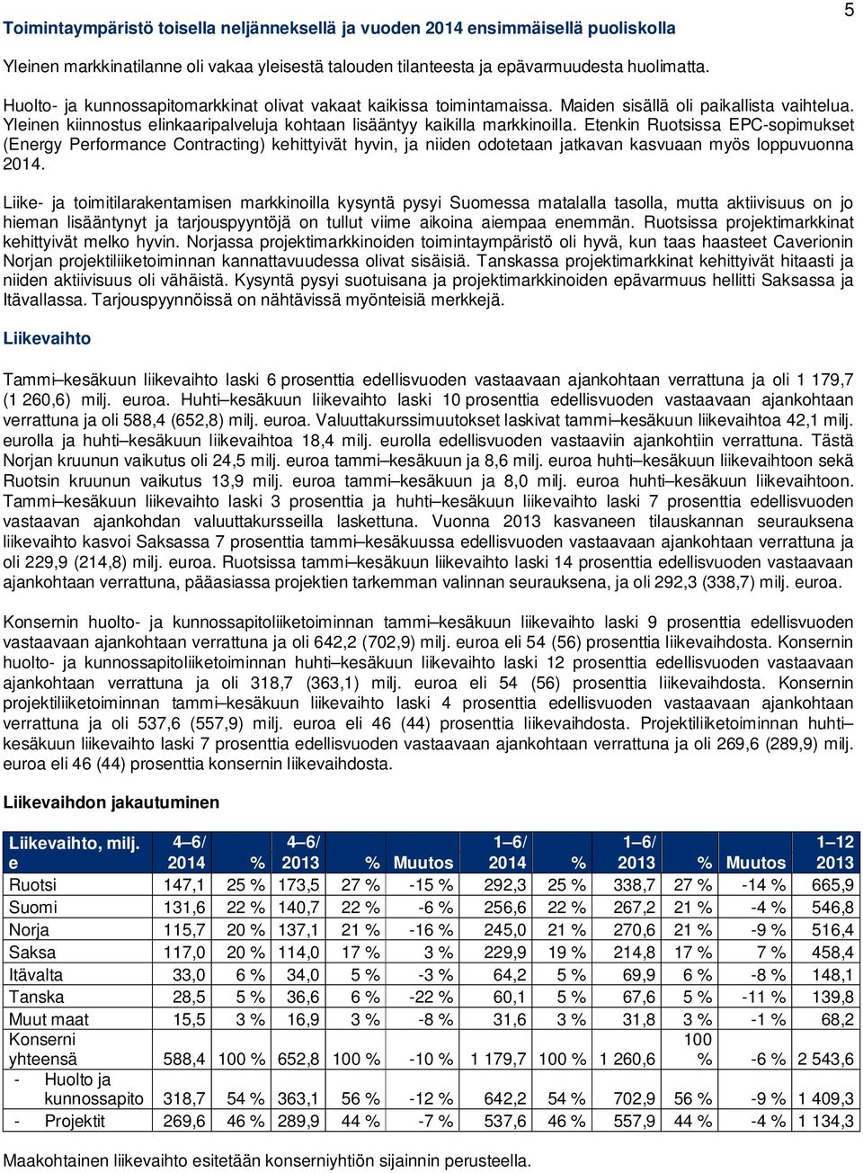 Etenkin Ruotsissa EPC-sopimukset (Energy Performance Contracting) kehittyivät hyvin, ja niiden odotetaan jatkavan kasvuaan myös loppuvuonna 2014.