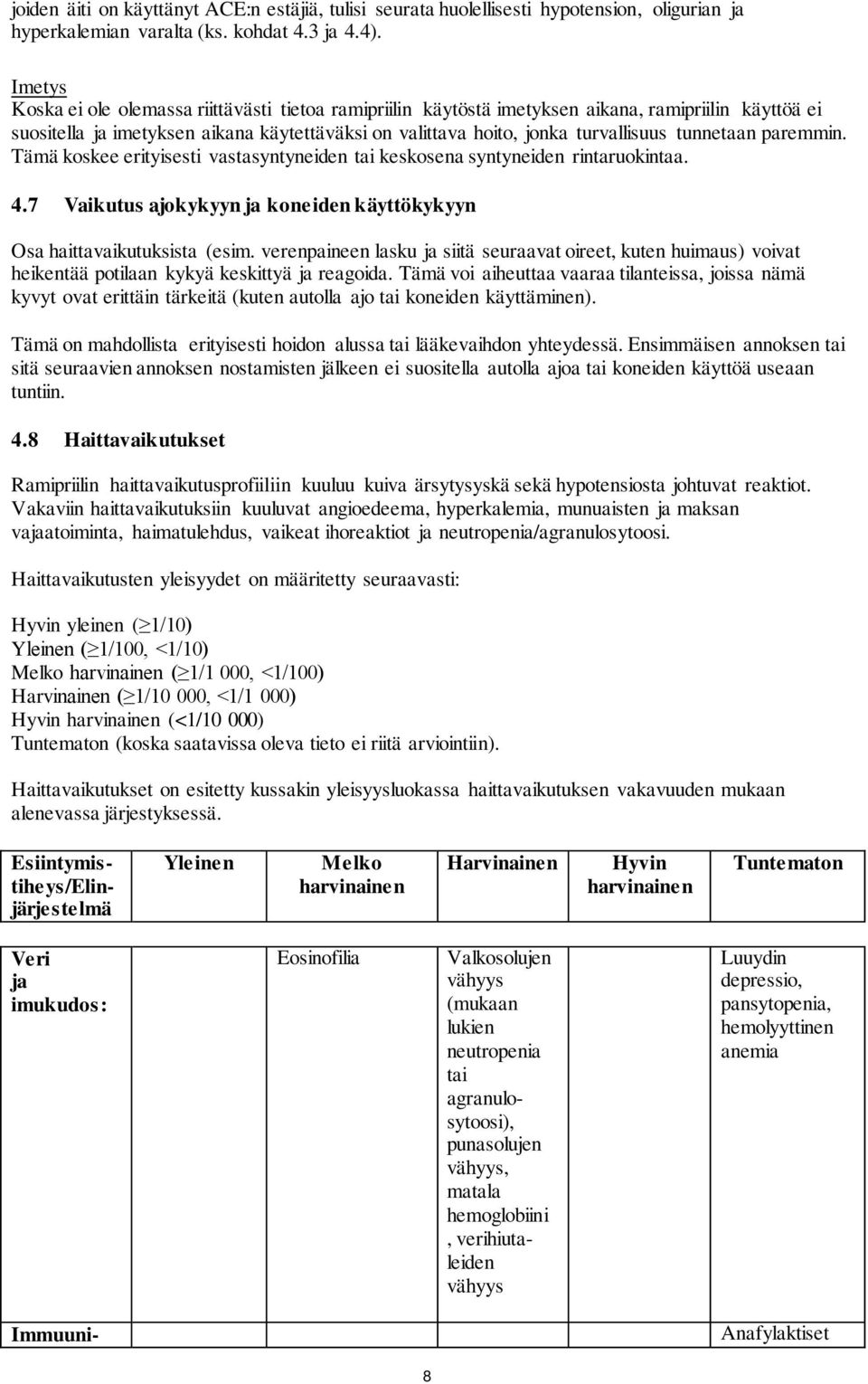 tunnetaan paremmin. Tämä koskee erityisesti vastasyntyneiden tai keskosena syntyneiden rintaruokintaa. 4.7 Vaikutus ajokykyyn ja koneiden käyttökykyyn Osa haittavaikutuksista (esim.