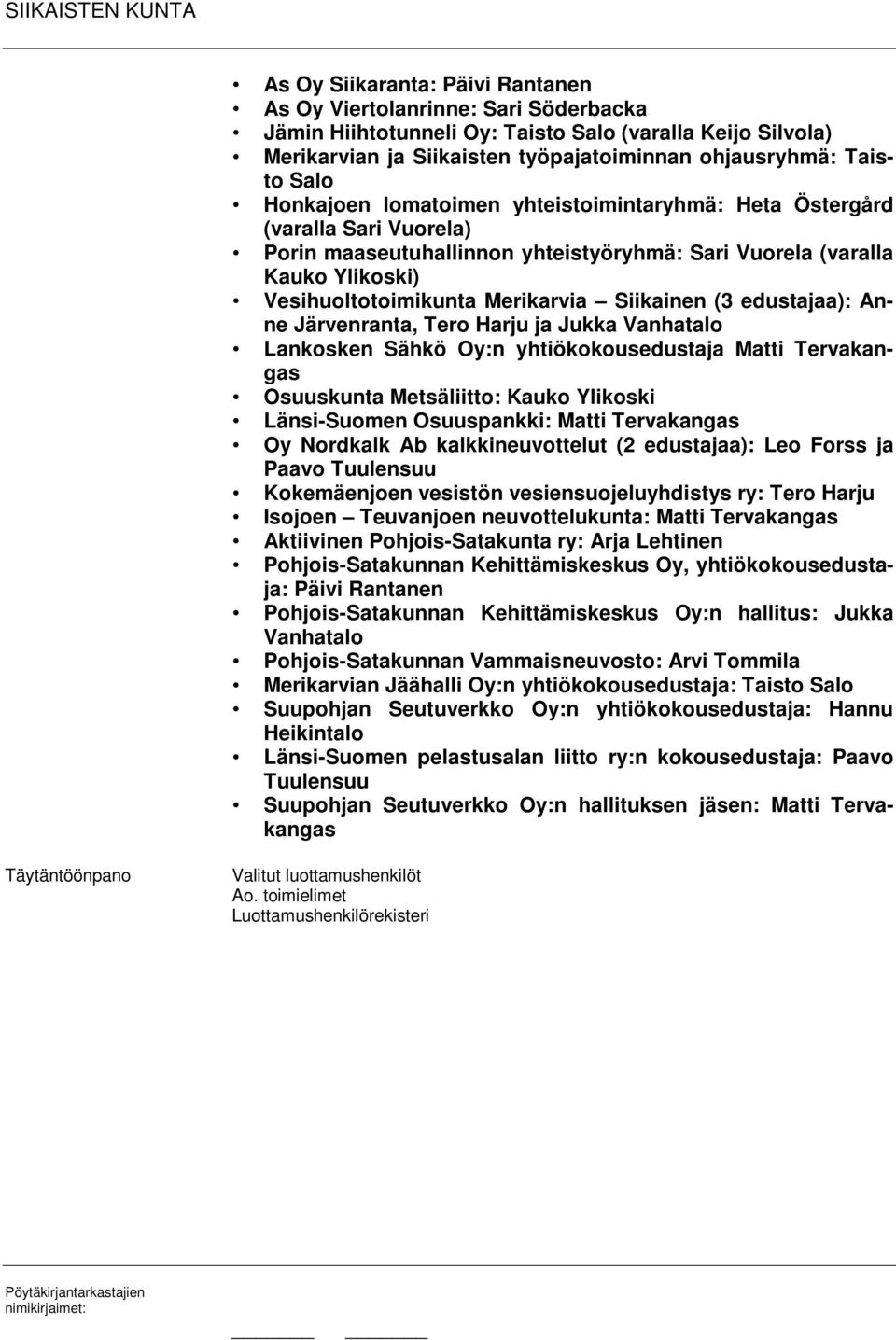 (3 edustajaa): Anne Järvenranta, Tero Harju ja Jukka Vanhatalo Lankosken Sähkö Oy:n yhtiökokousedustaja Matti Tervakangas Osuuskunta Metsäliitto: Kauko Ylikoski Länsi-Suomen Osuuspankki: Matti