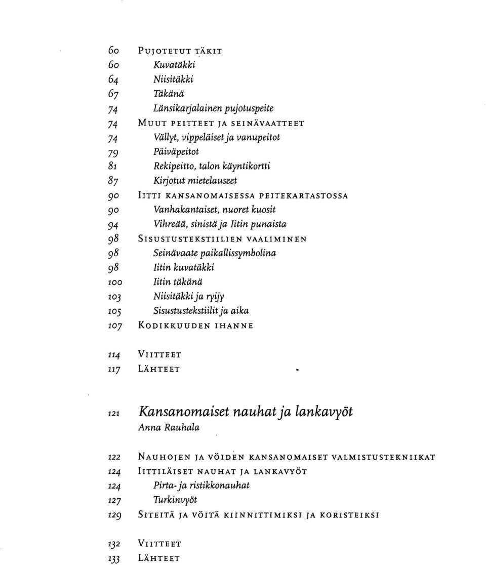 VAALIMINEN Seinävaate paikallissymbolina Iitin kuvatäkki Iitin täkänä Niisitäkki ja ryijy Sisustustekstiilit ja aika KODIKKUUDEN IHANNE 114 117 VIITTEET LÄHTEET 121 Kansanomaiset nauhat ja lankavyöt