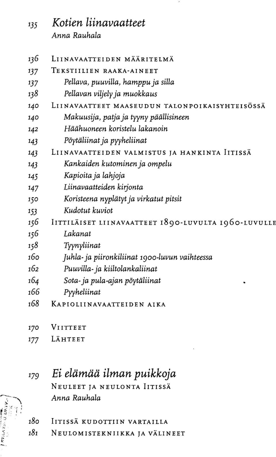 kutominen ja ompelu 145 Kopioita ja lahjoja 147 Liinavaatteiden kirjonta 150 Koristeena nyplätytja virkatut pitsit 153 Kudotut kuviot 156 IlTTILÄISET LIINAVAATTEET 189O-LUVULTA I960-LUVULLE 156