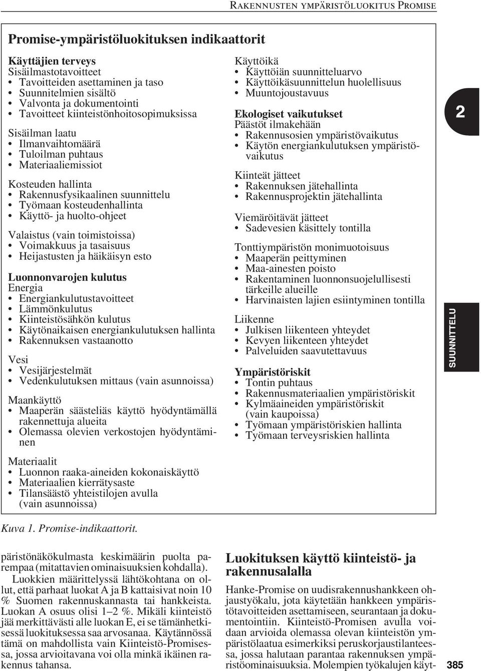 huolto-ohjeet Valaistus (vain toimistoissa) Voimakkuus ja tasaisuus Heijastusten ja häikäisyn esto Luonnonvarojen kulutus Energia Energiankulutustavoitteet Lämmönkulutus Kiinteistösähkön kulutus