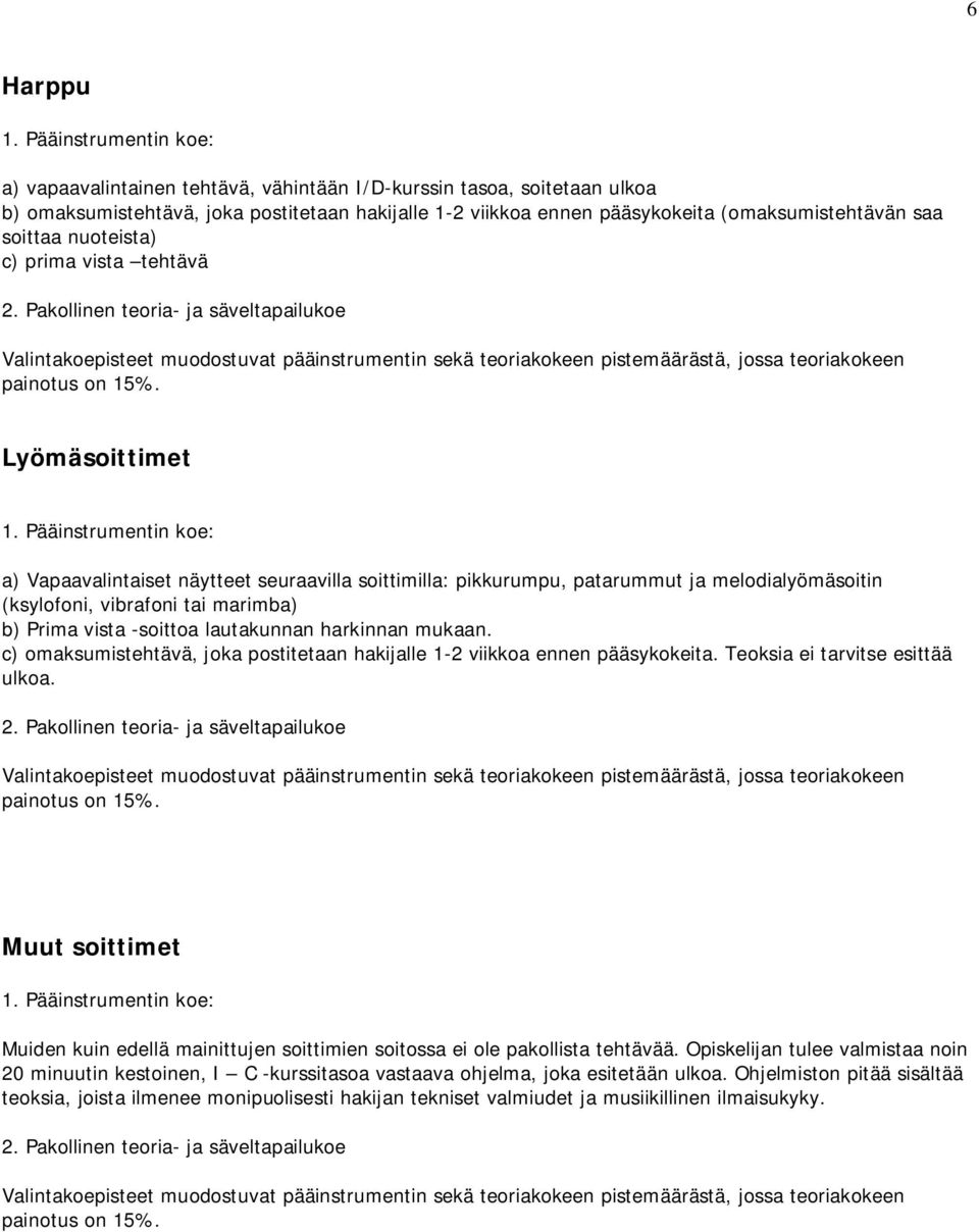 -soittoa lautakunnan harkinnan mukaan. c) omaksumistehtävä, joka postitetaan hakijalle 1-2 viikkoa ennen pääsykokeita. Teoksia ei tarvitse esittää ulkoa.