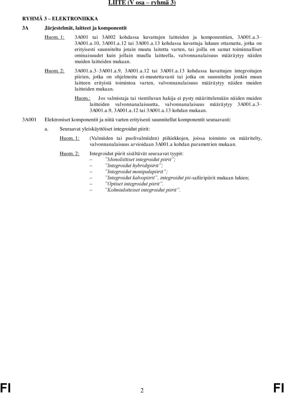 valvonnanalaisuus määräytyy näiden muiden laitteiden mukaan. 3A001.a.3 3A001.a.9, 3A001.a.12 tai 3A001.a.13 kohdassa kuvattujen integroitujen piirien, jotka on ohjelmoitu ei-muutettavasti tai jotka