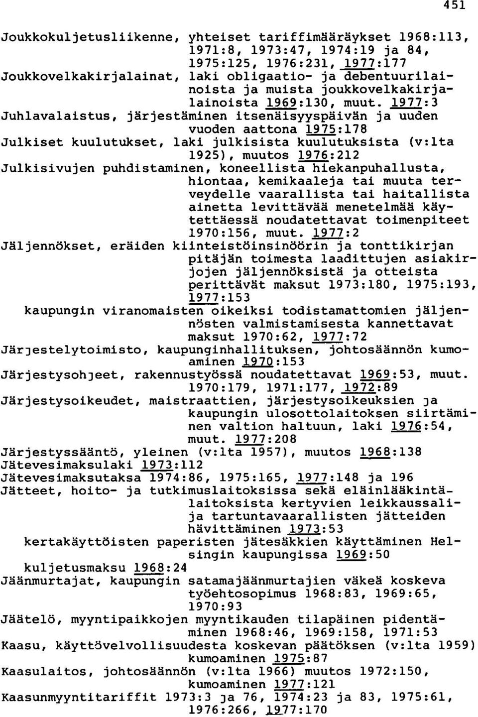 1977:3 Juhlavalaistus, järjestäminen itsenäisyyspäivän ja uuden vuoden aattona 1975:178 Julkiset kuulutukset, laki julkisista kuulutuksista (v:lta 1925), muutos 1976:212 Julkisivujen puhdistaminen,