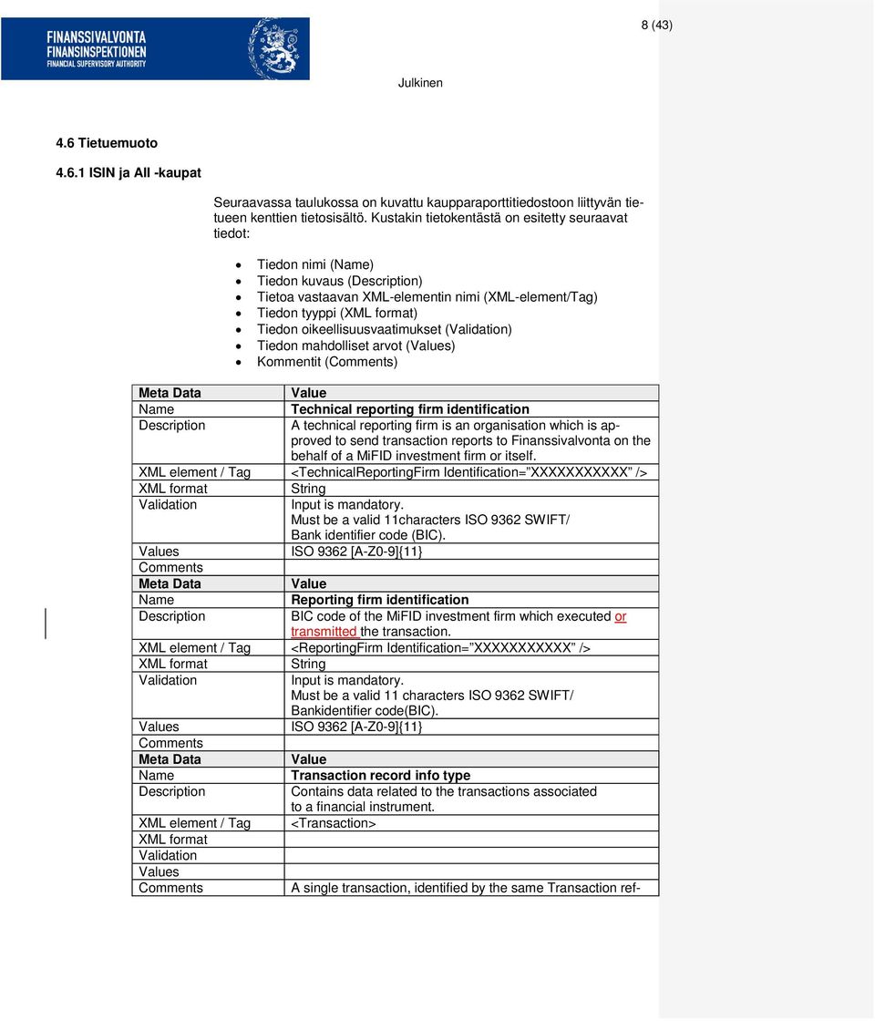 mahdolliset arvot (s) Kommentit () Technical reporting firm identification A technical reporting firm is an organisation which is approved to send transaction reports to Finanssivalvonta on the