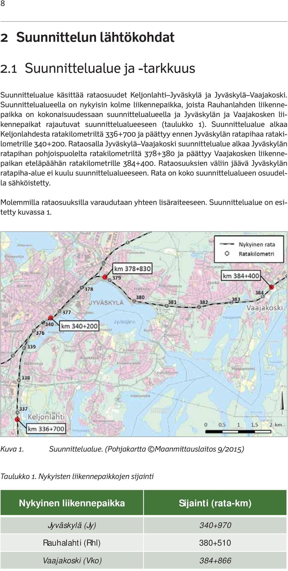 suunnittelualueeseen (taulukko 1). Suunnittelualue alkaa Keljonlahdesta ratakilometriltä 336+700 ja päättyy ennen Jyväskylän ratapihaa ratakilometrille 340+200.