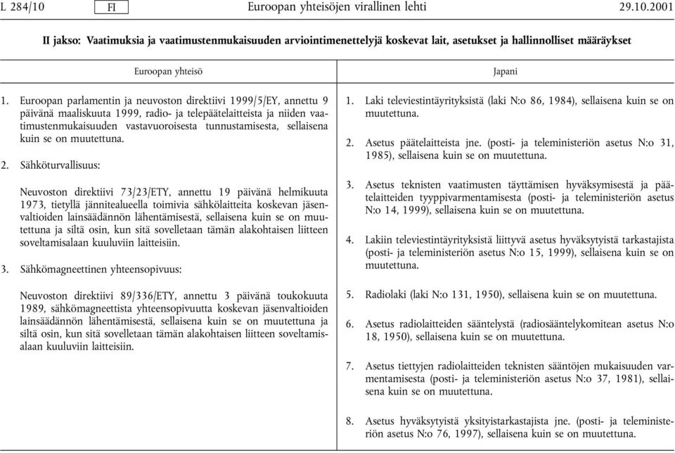 2. Sähköturvallisuus: Neuvoston direktiivi 73/23/ETY, annettu 19 päivänä helmikuuta 1973, tietyllä jännitealueella toimivia sähkölaitteita koskevan jäsenvaltioiden lainsäädännön lähentämisestä,