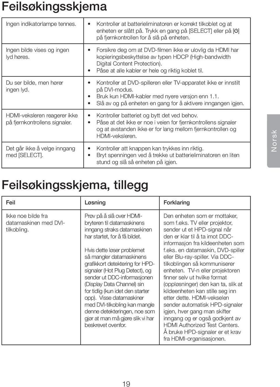 Forsikre deg om at DVD-filmen ikke er ulovlig da HDMI har kopieringsbeskyttelse av typen HDCP (High-bandwidth Digital Content Protection). Påse at alle kabler er hele og riktig koblet til.