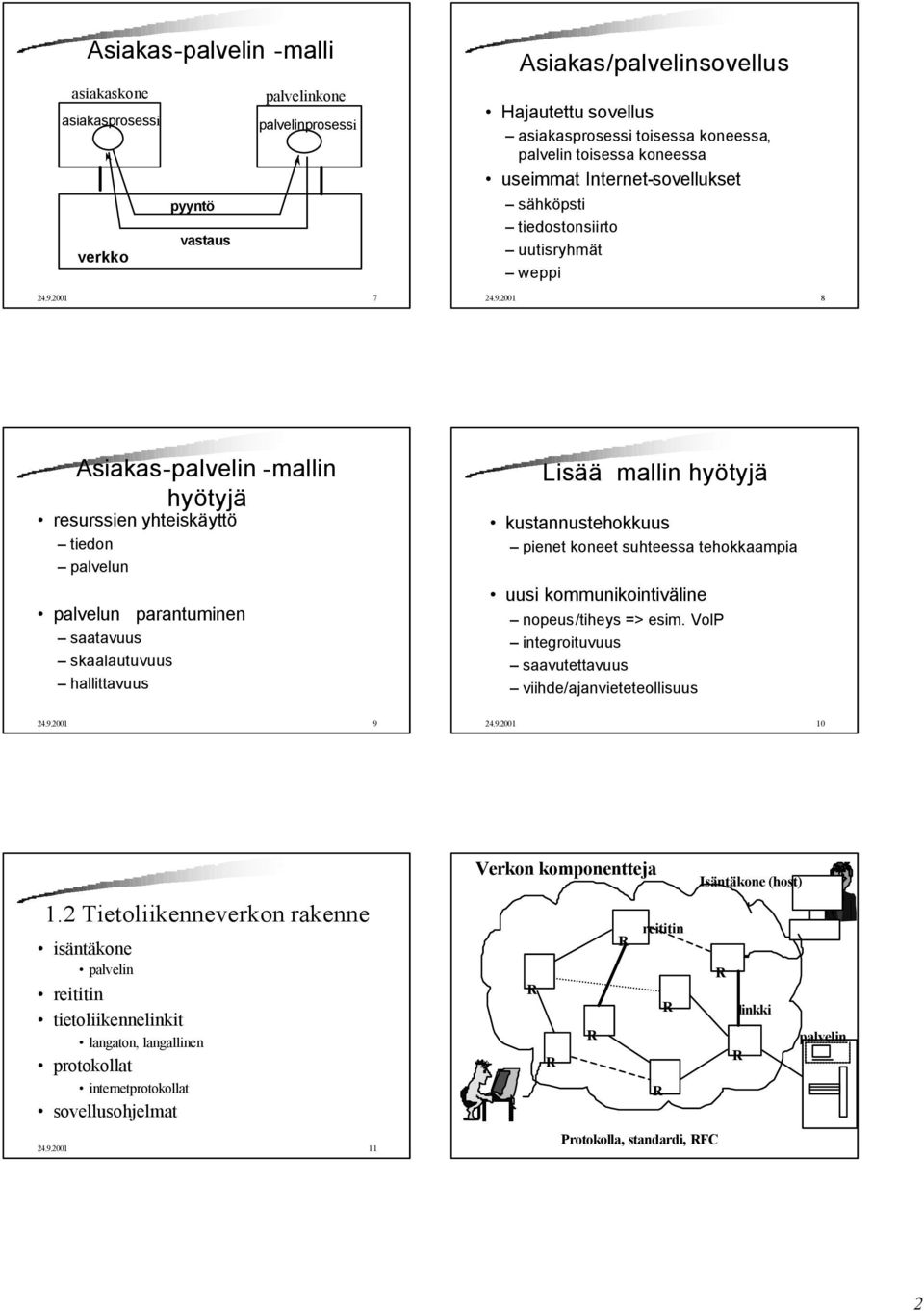 2001 8 Asiakas-palvelin -mallin hyötyjä resurssien yhteiskäyttö tiedon palvelun palvelun parantuminen saatavuus skaalautuvuus hallittavuus Lisää mallin hyötyjä kustannustehokkuus pienet koneet