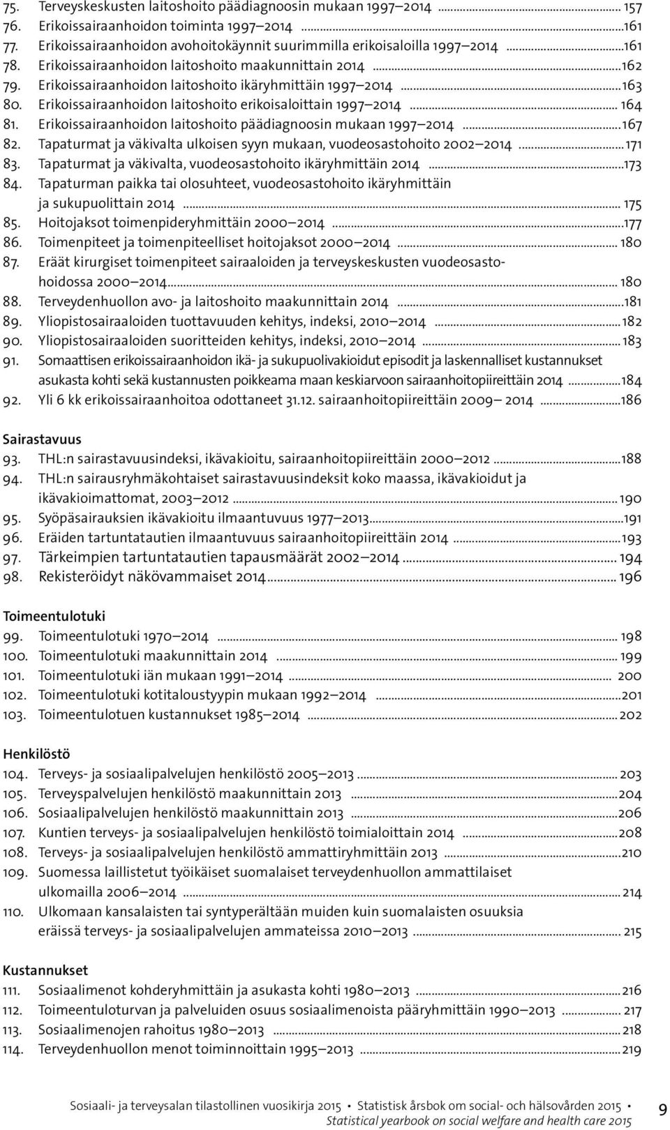 .. 164 81. Erikoissairaanhoidon laitoshoito päädiagnoosin mukaan 1997 2014...167 82. Tapaturmat ja väkivalta ulkoisen syyn mukaan, vuodeosastohoito 2002 2014... 171 83.