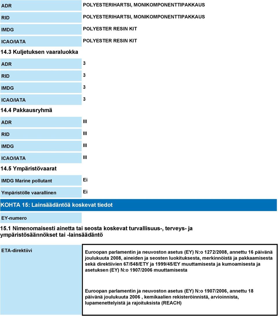 5 Ympäristövaarat IMDG Marine pollutant Ympäristölle vaarallinen Ei Ei KOHTA 15: Lainsäädäntöä koskevat tiedot EY-numero 15.