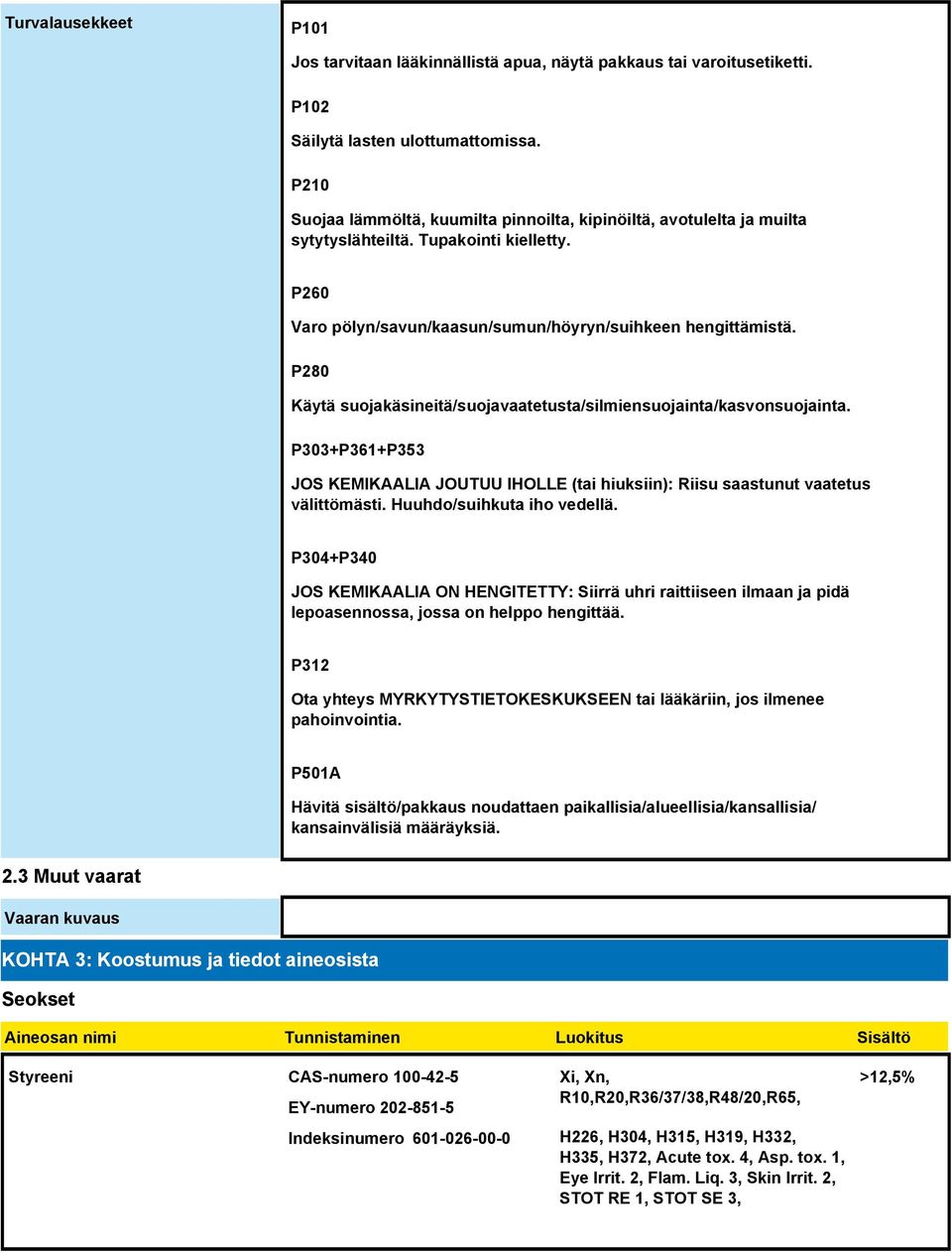 P280 Käytä suojakäsineitä/suojavaatetusta/silmiensuojainta/kasvonsuojainta. P303+P361+P353 JOS KEMIKAALIA JOUTUU IHOLLE (tai hiuksiin): Riisu saastunut vaatetus välittömästi.