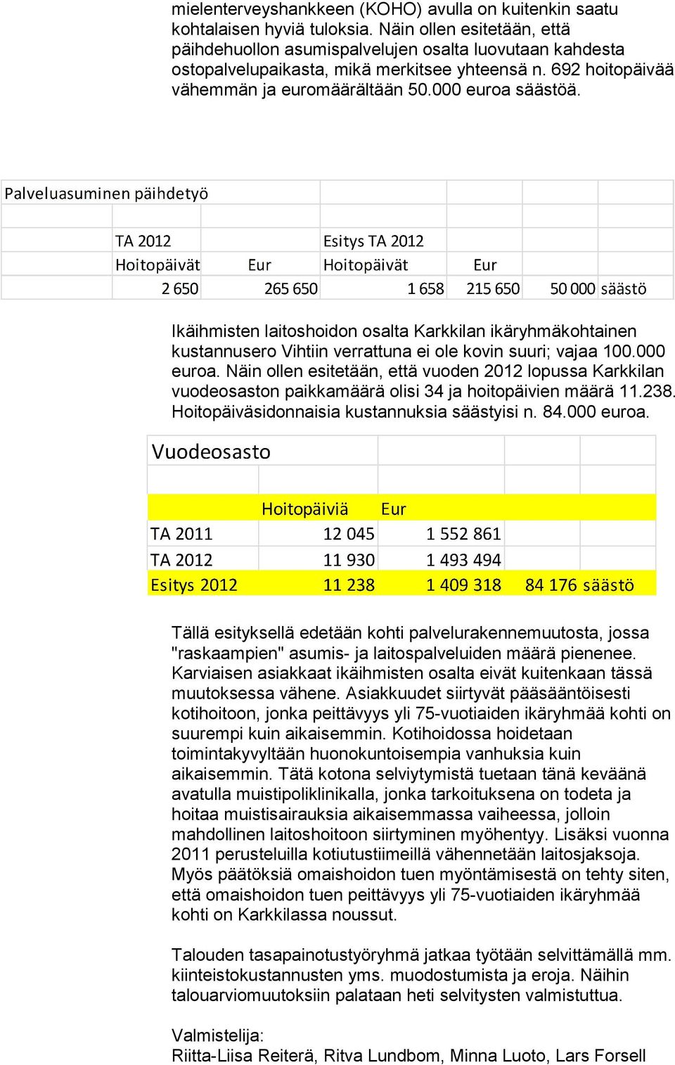 Ikäihmisten laitoshoidon osalta Karkkilan ikäryhmäkohtainen kustannusero Vihtiin verrattuna ei ole kovin suuri; vajaa 100.000 euroa.