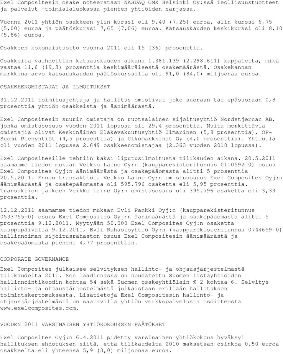 Osakkeen kokonaistuotto vuonna oli 15 (36) prosenttia. Osakkeita vaihdettiin katsauskauden aikana 1.381.139 (2.298.611) kappaletta, mikä vastaa 11,6 (19,3) prosenttia keskimääräisestä osakemäärästä.