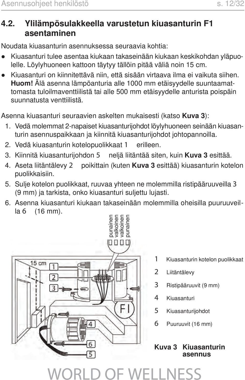 Löylyhuoneen kattoon täytyy tällöin pitää väliä noin 15 cm. Kiuasanturi on kiinnitettävä niin, että sisään virtaava ilma ei vaikuta siihen. Huom!