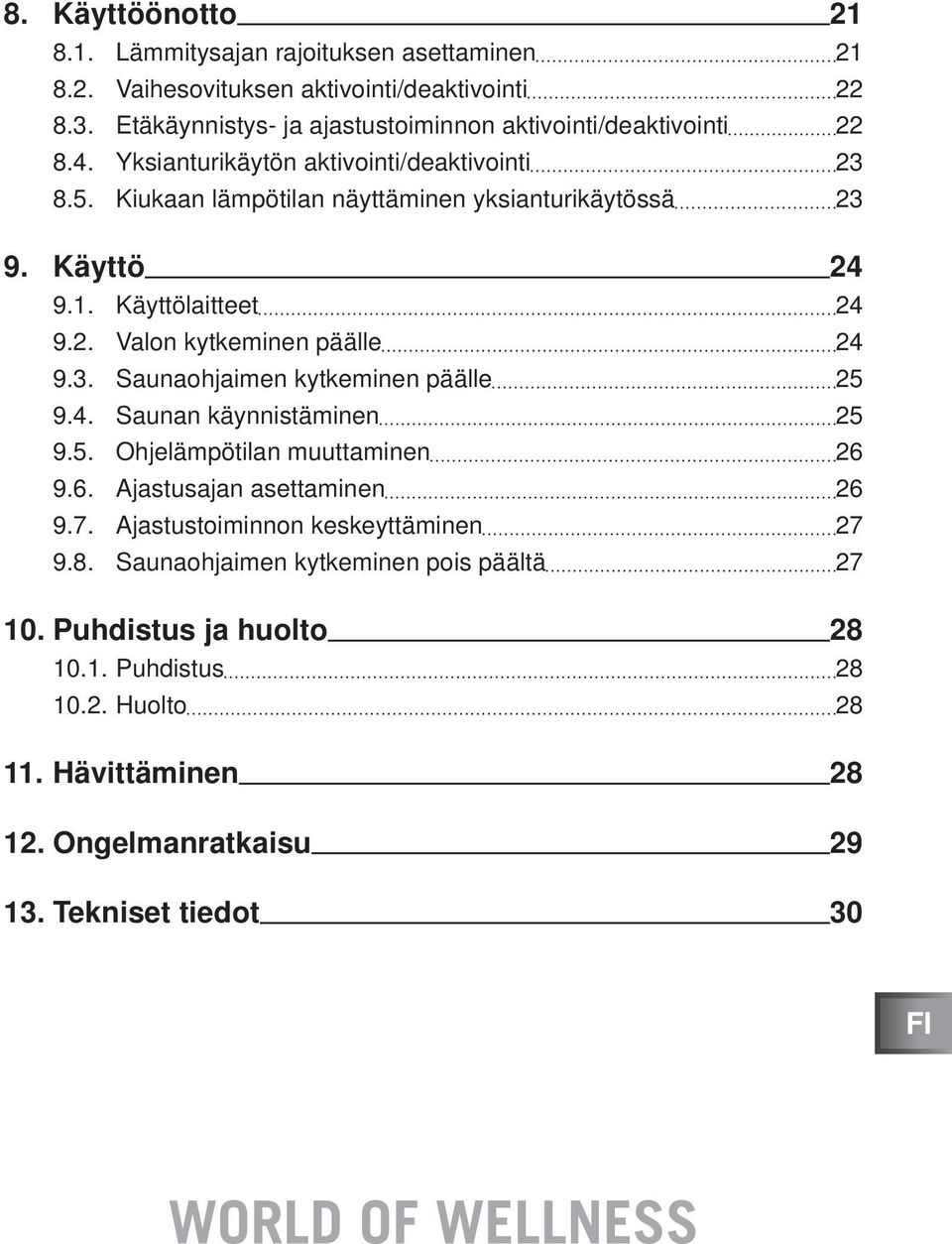 Käyttö 24 9.1. Käyttölaitteet 24 9.2. Valon kytkeminen päälle 24 9.3. Saunaohjaimen kytkeminen päälle 25 9.4. Saunan käynnistäminen 25 9.5. Ohjelämpötilan muuttaminen 26 