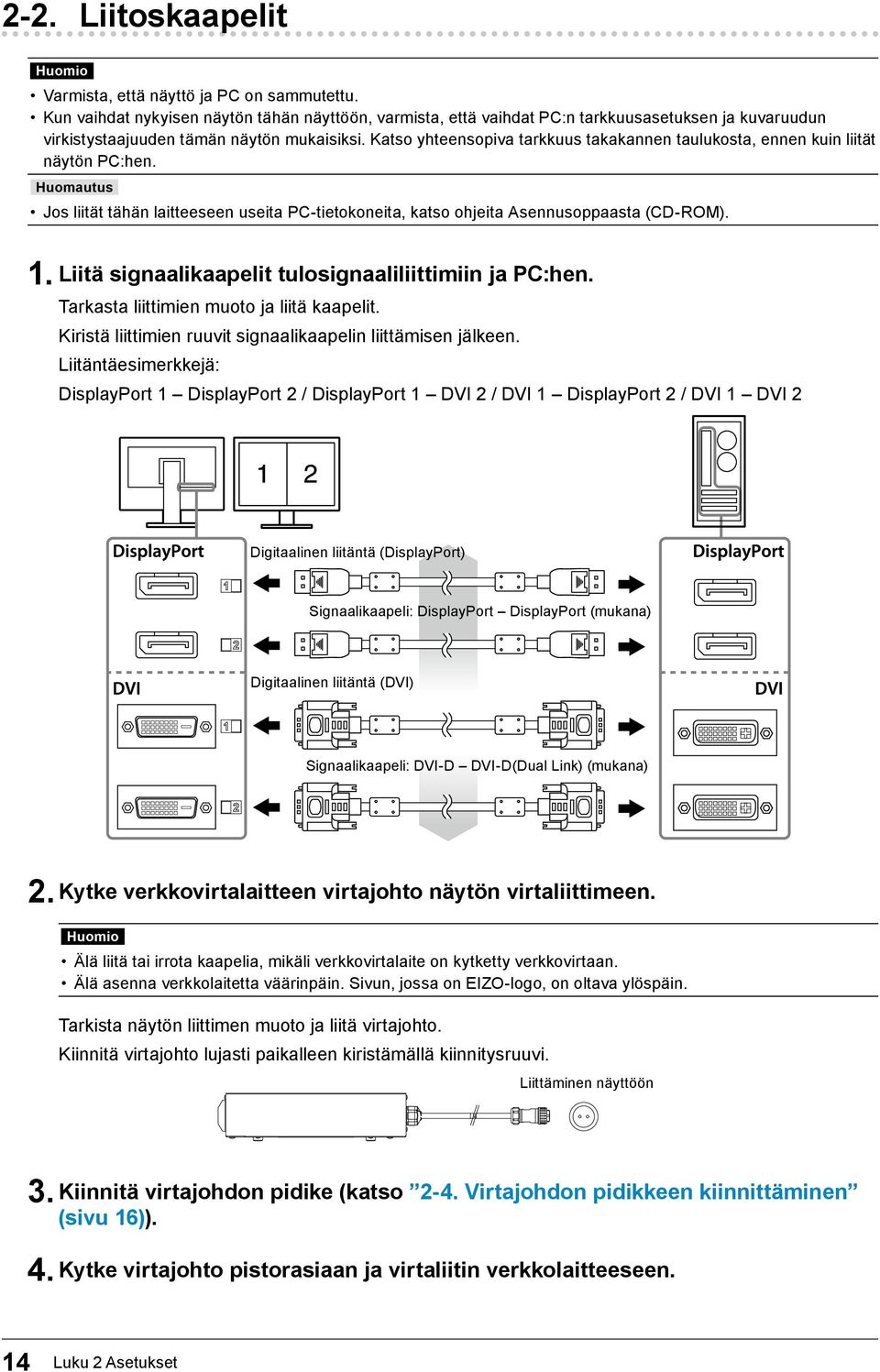 Katso yhteensopiva tarkkuus takakannen taulukosta, ennen kuin liität näytön PC:hen. Huomautus Jos liität tähän laitteeseen useita PC-tietokoneita, katso ohjeita Asennusoppaasta (CD-ROM). 1.