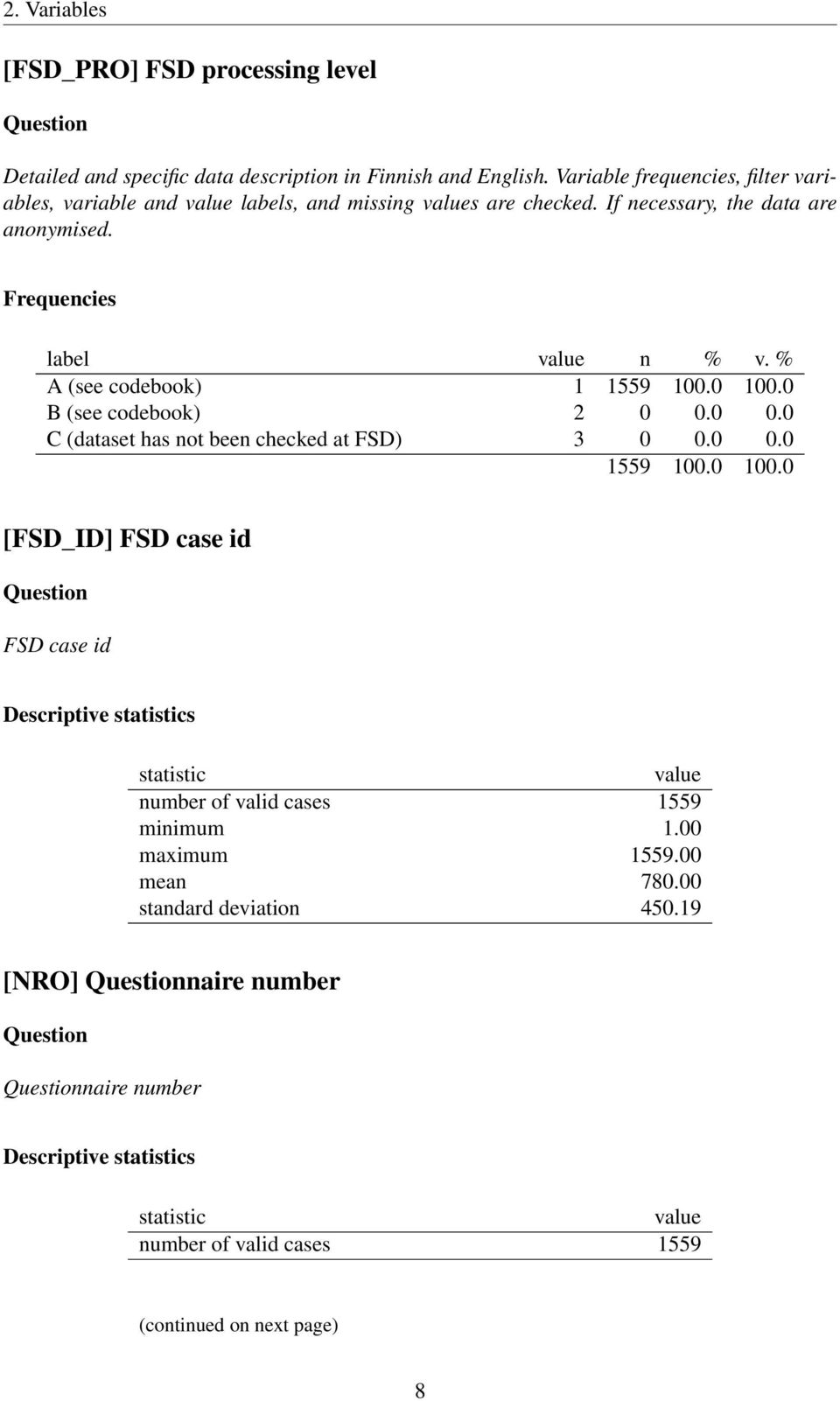 A (see codebook) 1 B (see codebook) 2 0 0.0 0.0 C (dataset has not been checked at FSD) 3 0 0.0 0.0 [FSD_ID] FSD case id FSD case id Descriptive statistics statistic value number of valid cases 1559 minimum 1.
