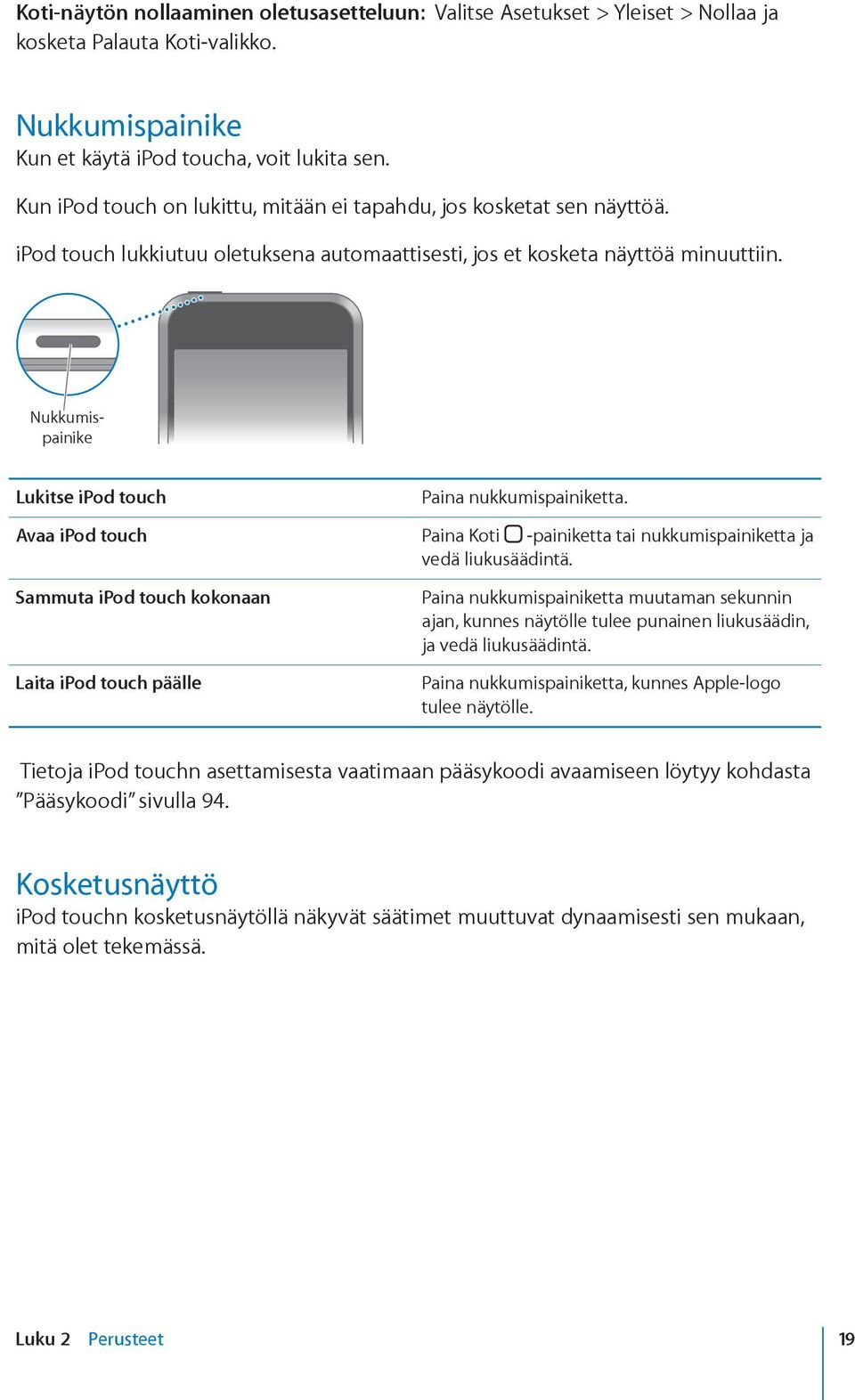 Nukkumispainike Lukitse ipod touch Paina nukkumispainiketta. Avaa ipod touch Paina Koti -painiketta tai nukkumispainiketta ja vedä liukusäädintä.