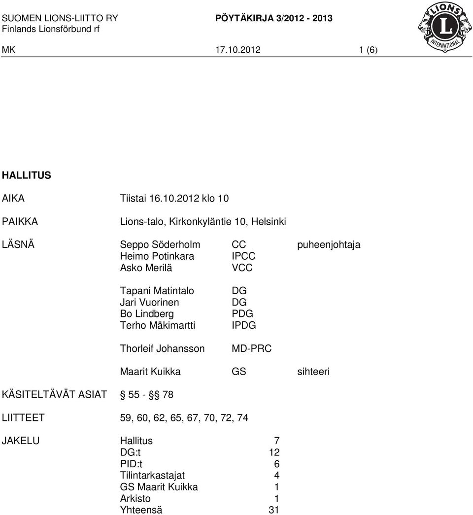 2012 klo 10 PAIKKA Lions-talo, Kirkonkyläntie 10, Helsinki LÄSNÄ Seppo Söderholm CC puheenjohtaja Heimo Potinkara IPCC Asko