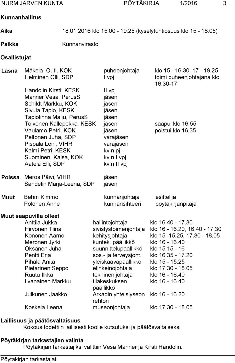 30-17 Handolin Kirsti, KESK II vpj Manner Vesa, PerusS jäsen Schildt Markku, KOK jäsen Sivula Tapio, KESK jäsen Tapiolinna Maiju, PerusS jäsen Toivonen Kallepekka, KESK jäsen saapui klo 16.