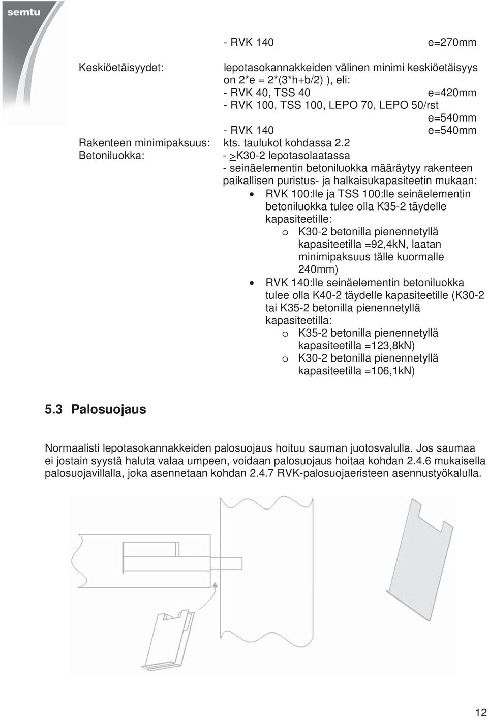 2 Betoniluokka: - >K30-2 lepotasolaatassa - seinäelementin betoniluokka määräytyy rakenteen paikallisen puristus- ja halkaisukapasiteetin mukaan: RVK 100:lle ja TSS 100:lle seinäelementin