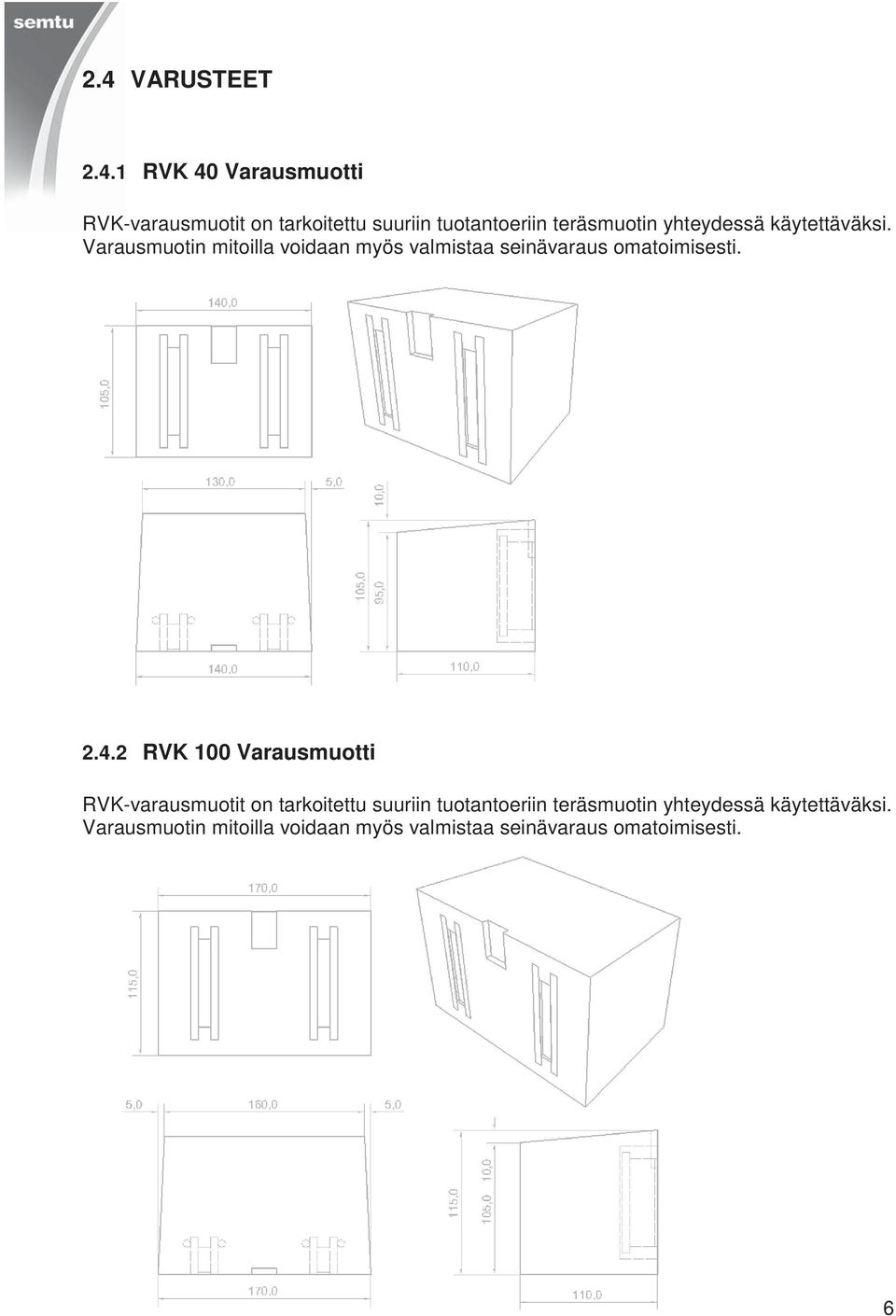 Varausmuotin mitoilla voidaan myös valmistaa seinävaraus omatoimisesti. 2.4.