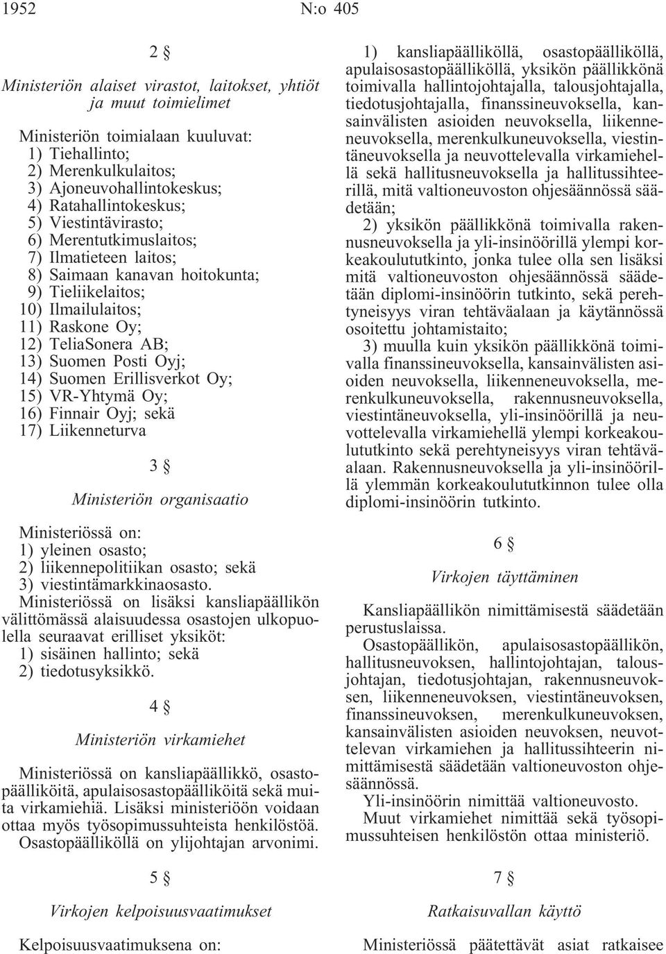 Suomen Posti Oyj; 14) Suomen Erillisverkot Oy; 15) VR-Yhtymä Oy; 16) Finnair Oyj; sekä 17) Liikenneturva 3 Ministeriön organisaatio Ministeriössä on: 1) yleinen osasto; 2) liikennepolitiikan osasto;