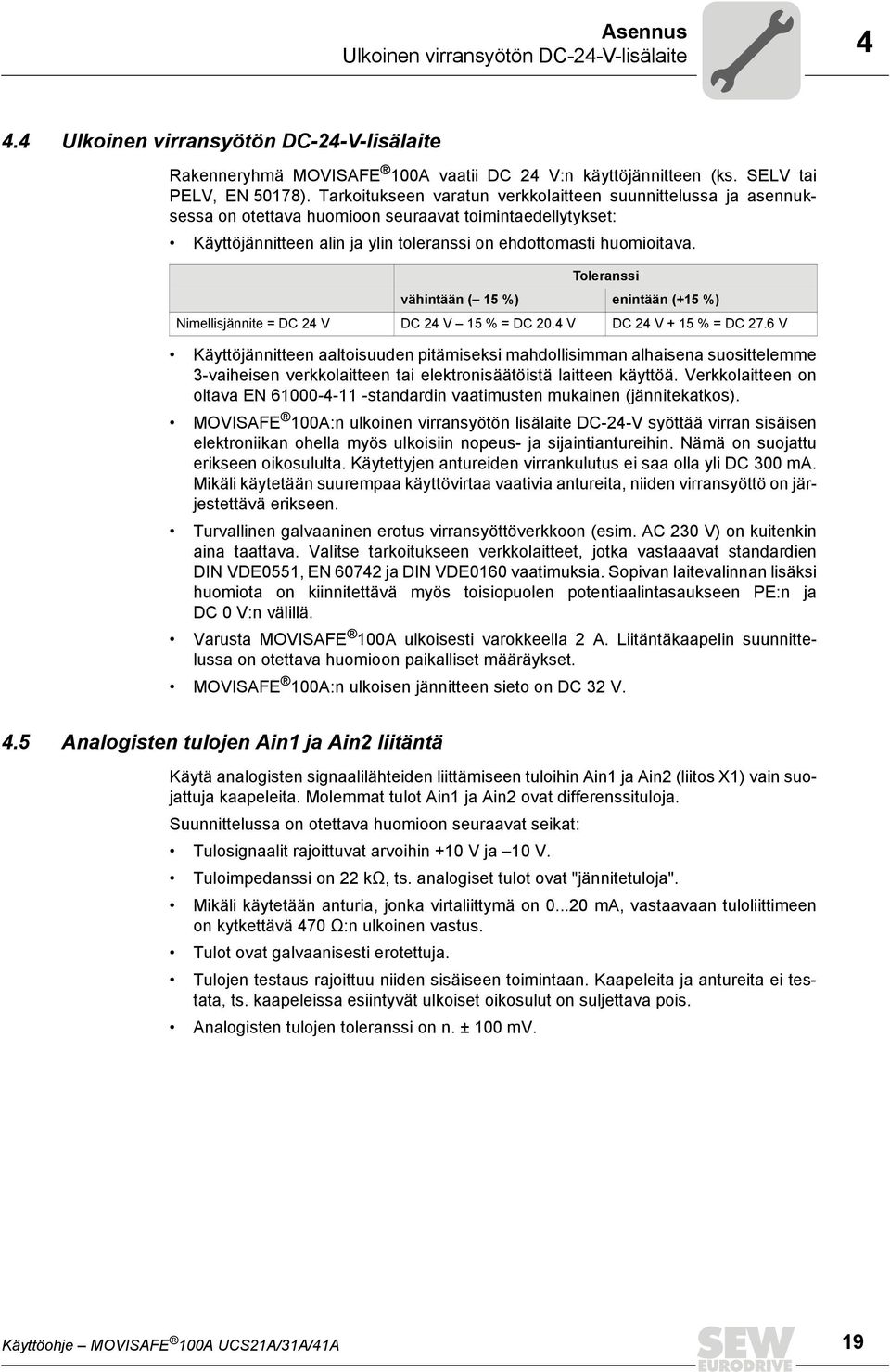 Toleranssi vähintään ( 15 %) enintään (+15 %) Nimellisjännite = DC 24 V DC 24 V 15 % = DC 20.4 V DC 24 V + 15 % = DC 27.